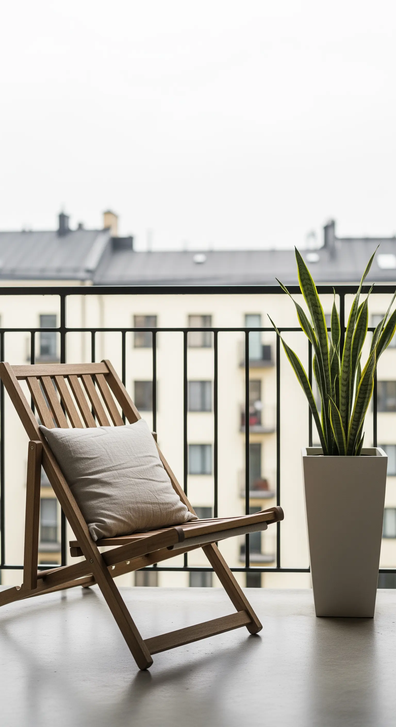 Ein minimalistischer Balkon mit einem Holzklappstuhl und einer hohen Sansevieria-Pflanze.