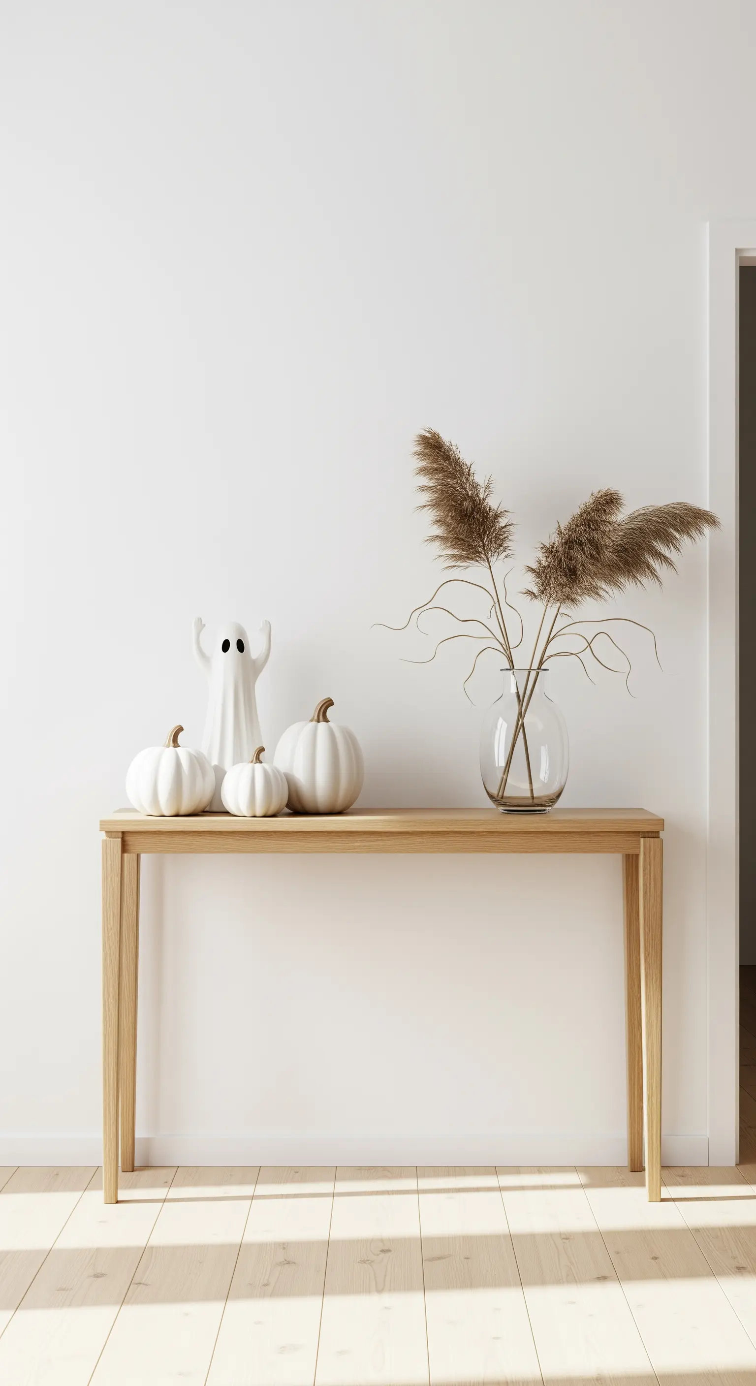 Skandi-Konsole mit weißen Kürbissen, Geist und Pampasgras