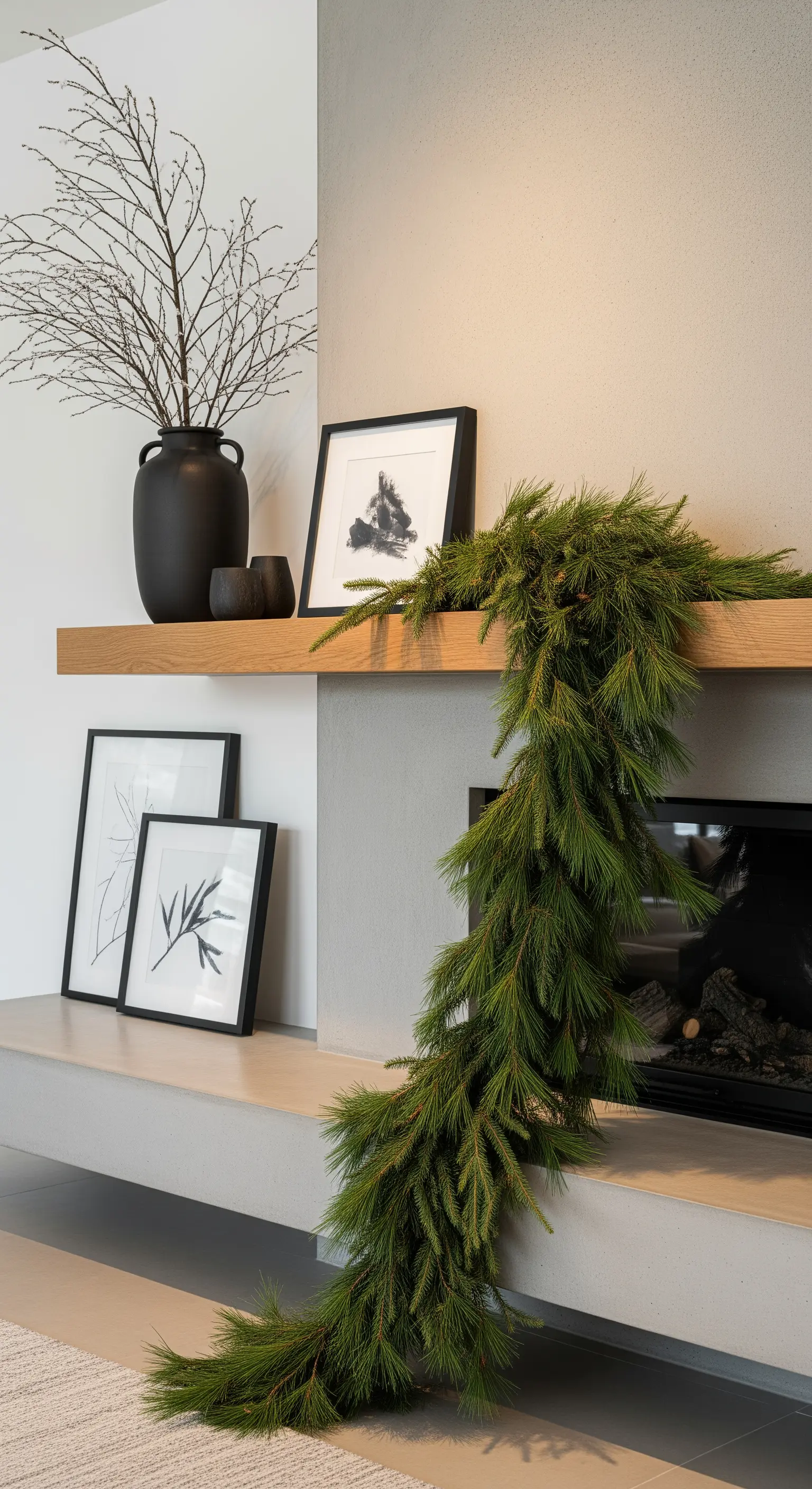 Minimalistische Kamin-Deko mit einer langen Tannengirlande auf Betonoptik.