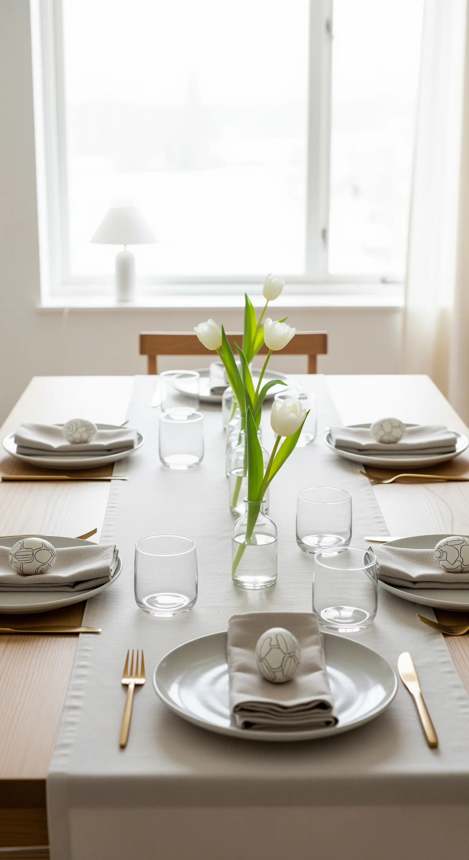 Minimalistische Ostertafel mit weißen Tulpen und goldenem Besteck.