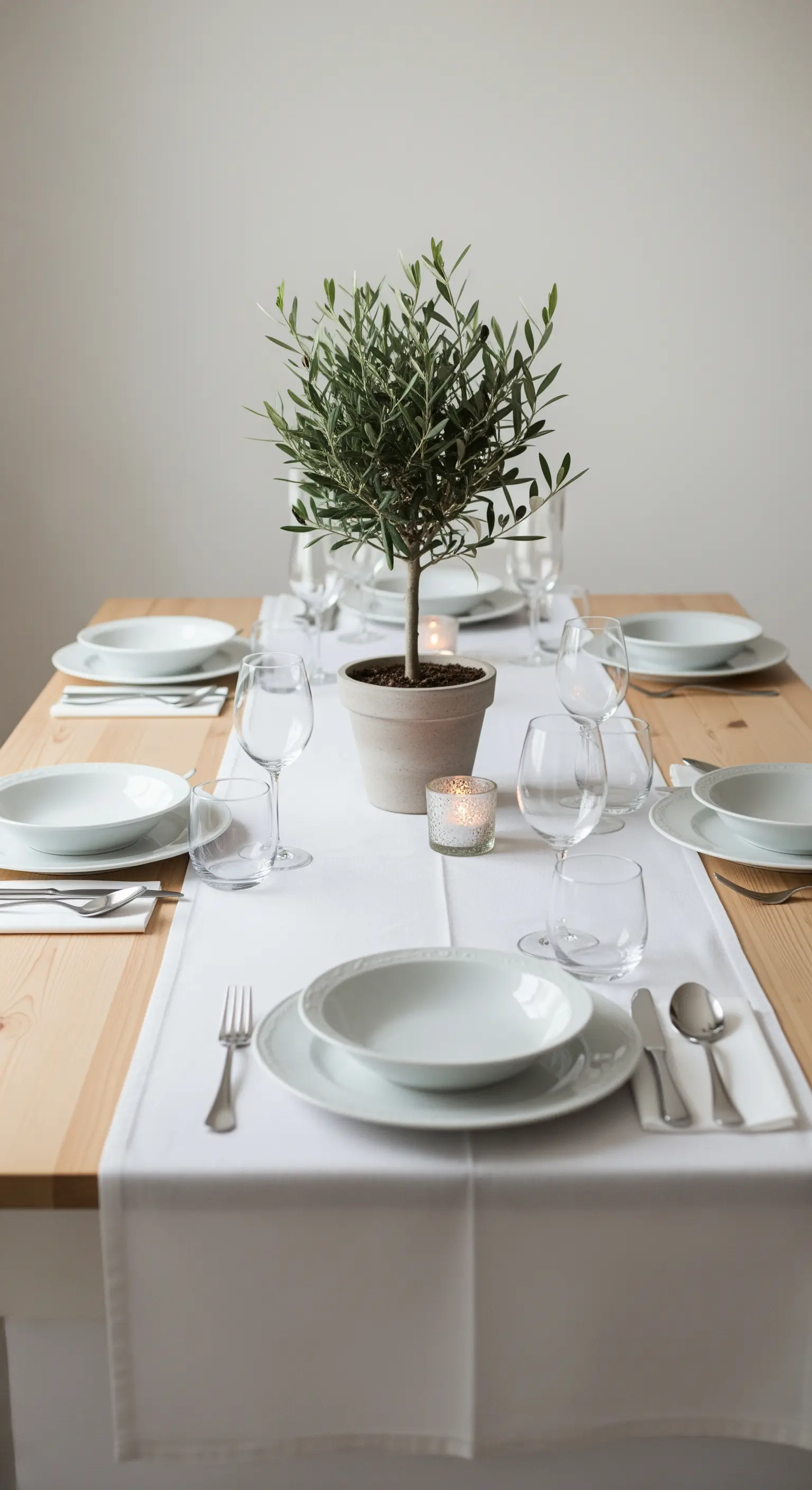 Minimalistisch gedeckter Tisch mit einem kleinen Olivenbaum im Topf als Mittelpunkt.