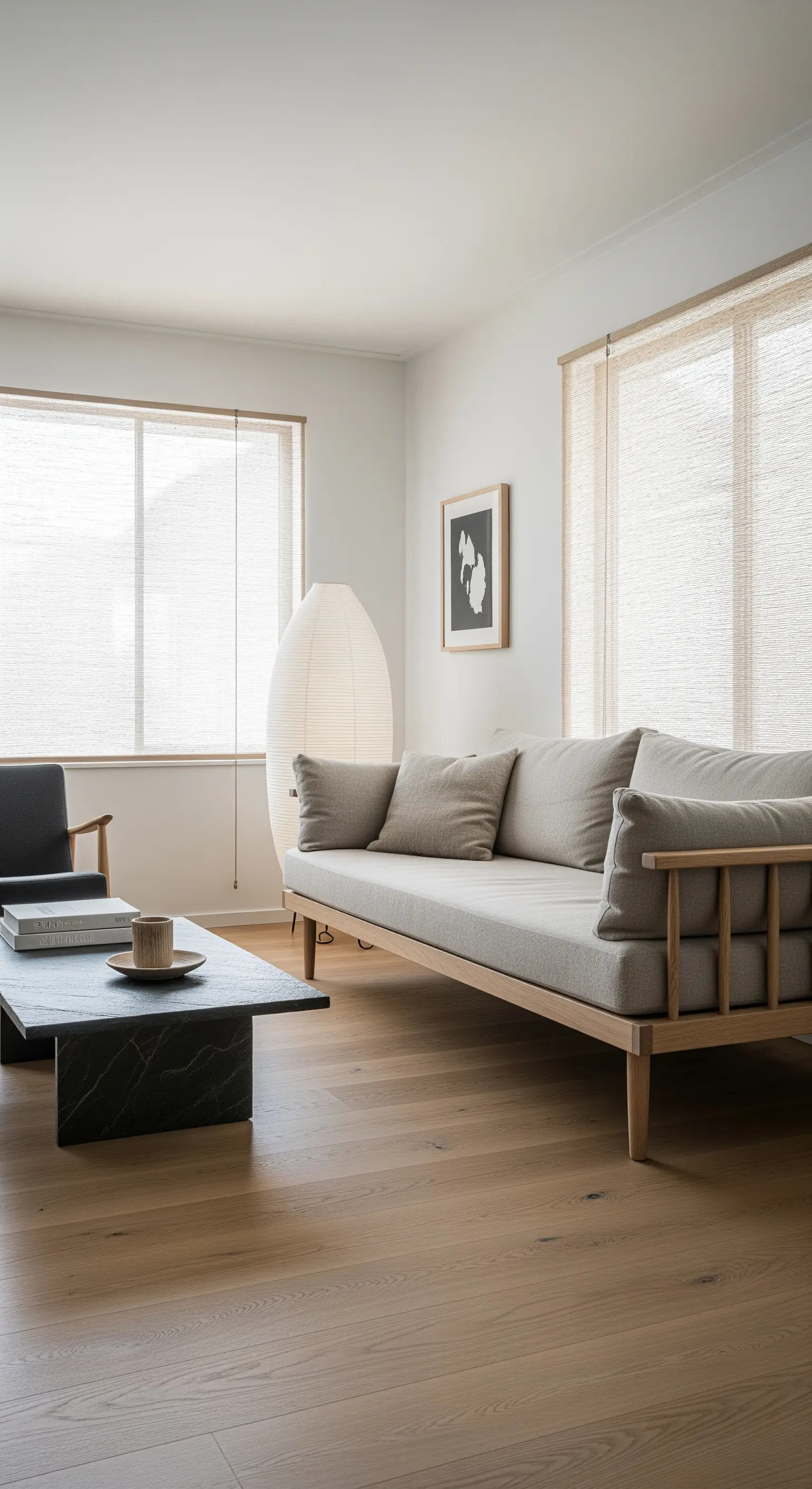 Helles Wohnzimmer im skandinavischen Stil mit Holzsofa, dunklem Steintisch und Papierleuchte.