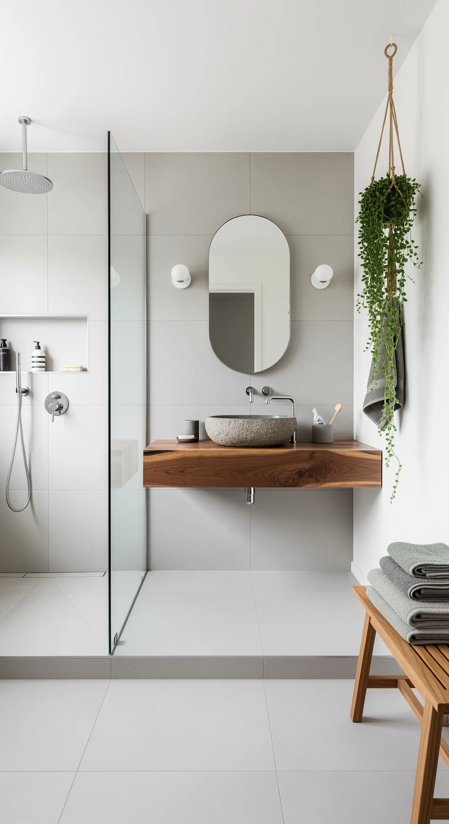 Minimalistisches Bad mit grauem Stein, Holzwaschtisch und hängender Perlenpflanze.