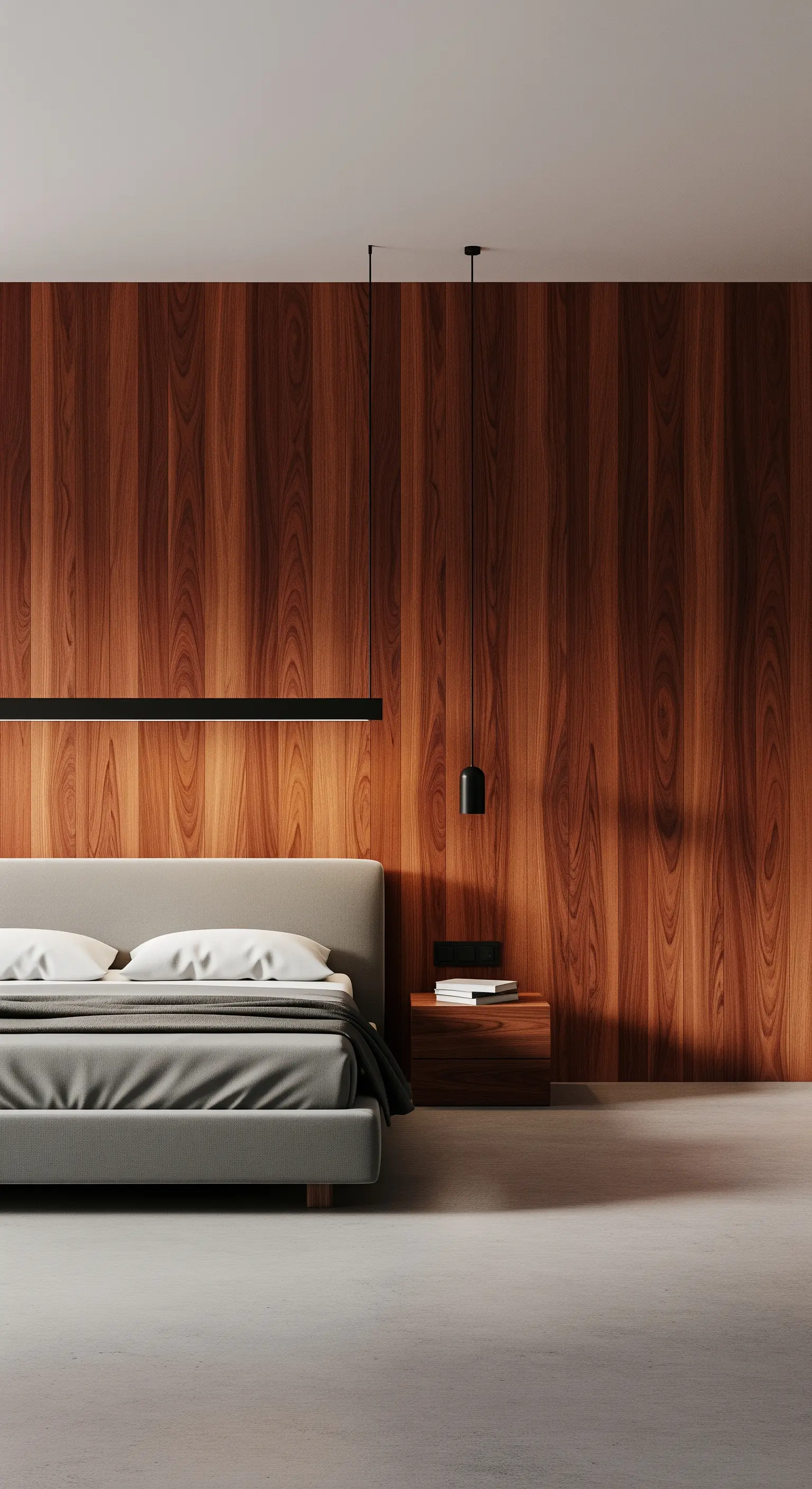 Minimalistisches Schlafzimmer mit einer glatten Holzwand und einer langen, linearen Hängelampe.