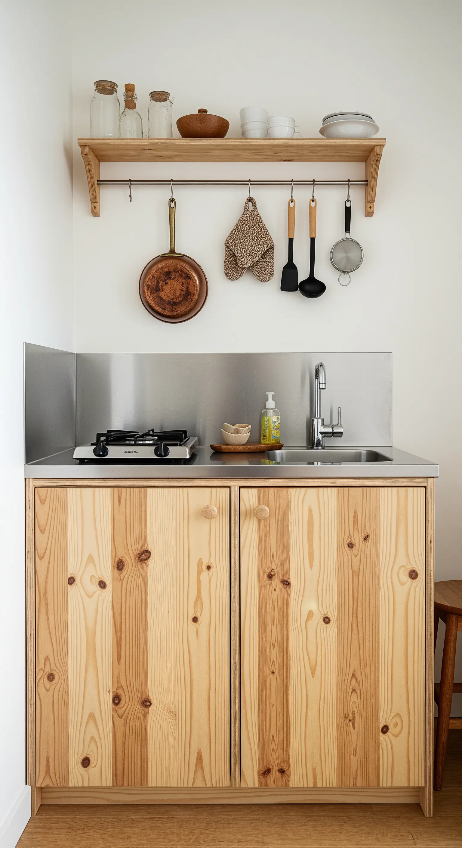 Kleine Küchenzeile mit Holzfronten, Edelstahlarbeitsplatte und einer Hängestange für Utensilien.