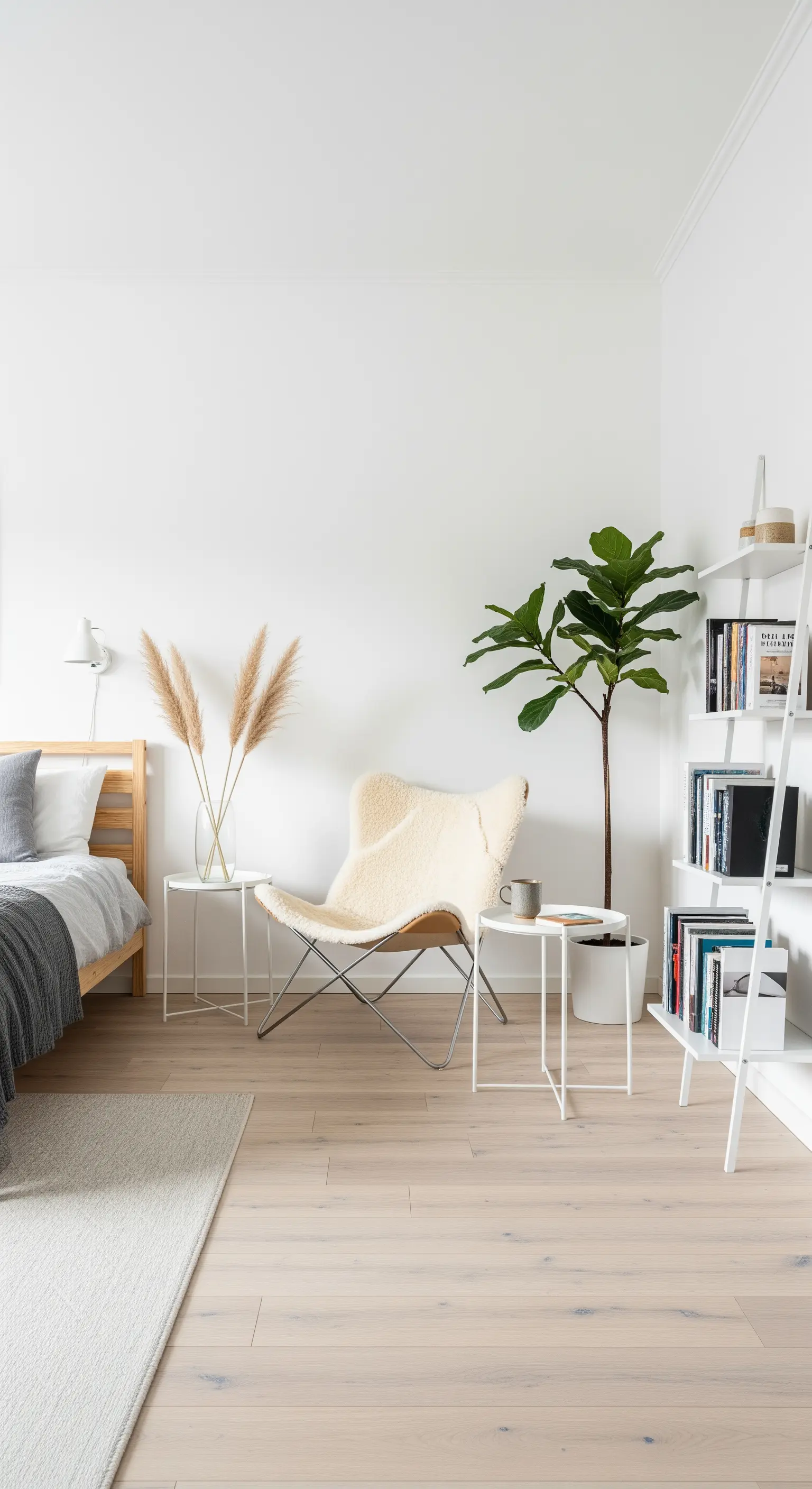 Minimalistische Leseecke mit weißem Sessel, Pampasgras und Bücherregal in einem hellen Schlafzimmer.