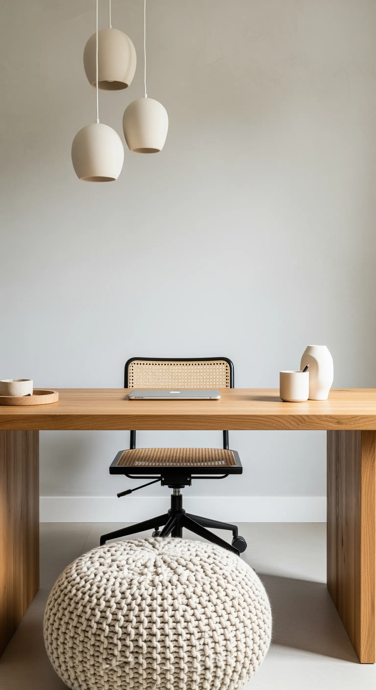 Minimalistisches Japandi-Büro mit Holztisch, Stuhl mit Wiener Geflecht und Keramiklampen