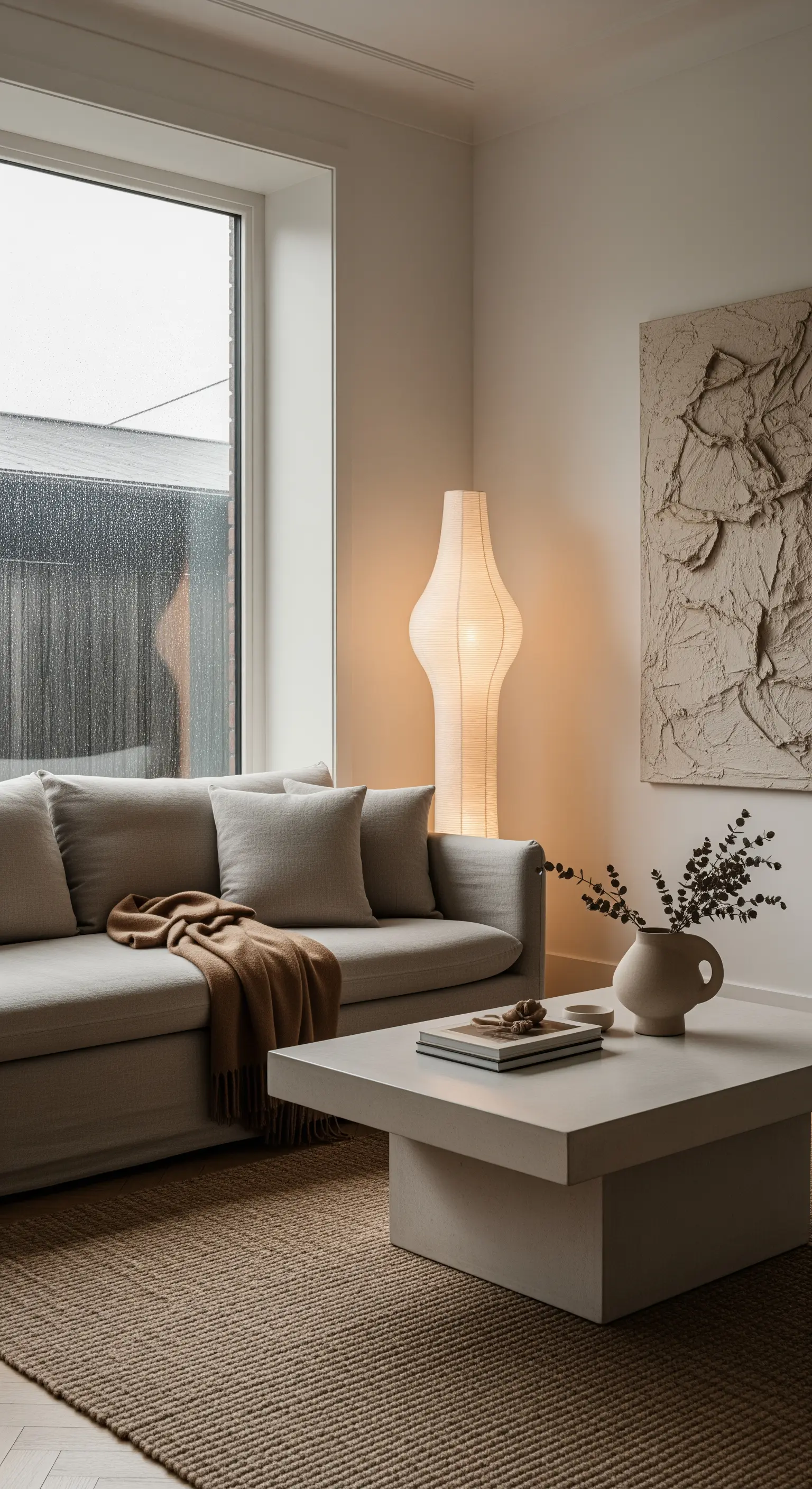 Minimalistisches Wohnzimmer mit skulpturaler Stehlampe und beigem Sofa.
