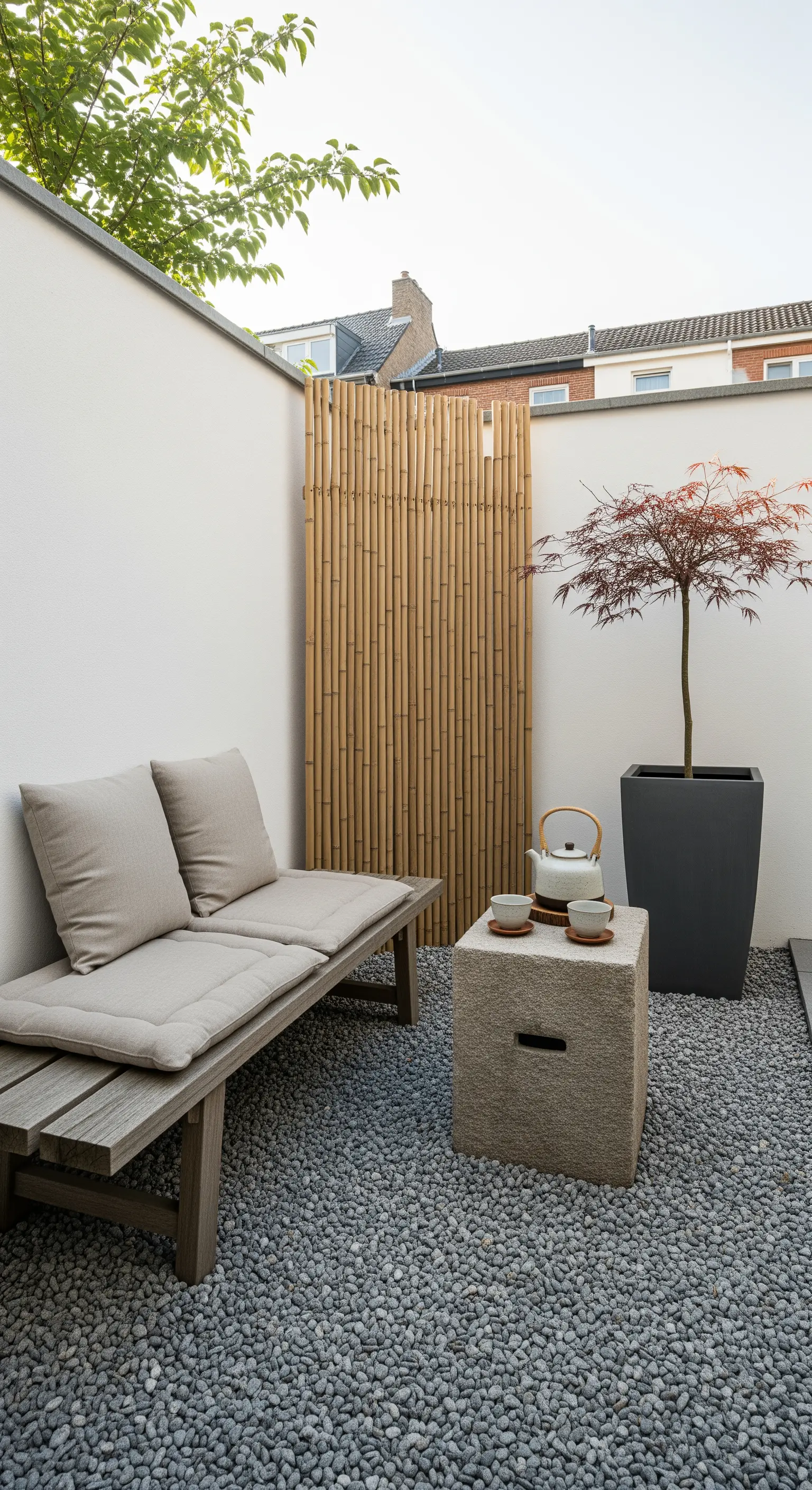 Minimalistische Teeecke mit Holzbank, Bambus-Sichtschutz und Kiesboden