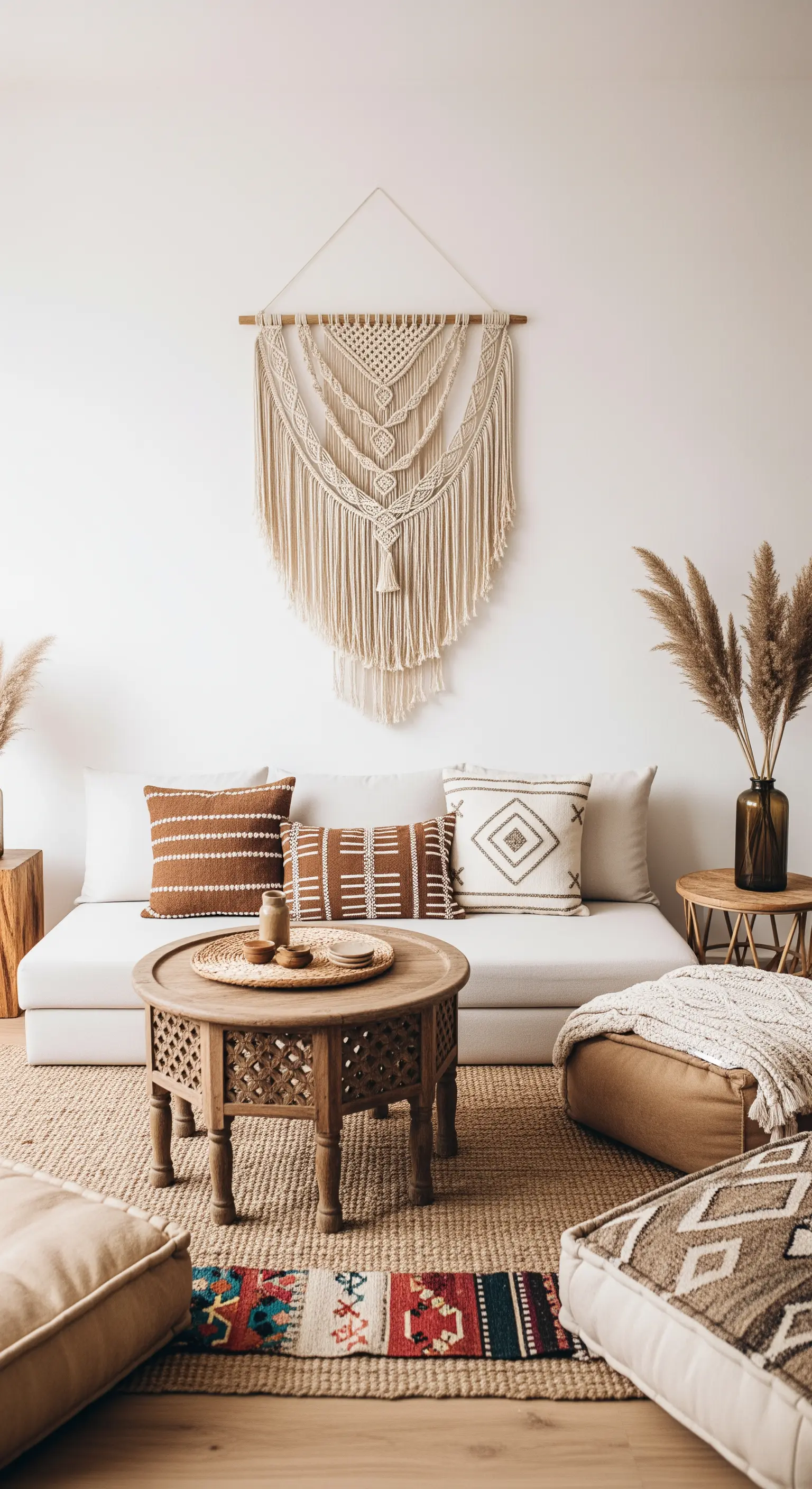 Wohnzimmer im Boho-Stil mit einem großen Makramee-Wandbehang und gemusterten Kissen.