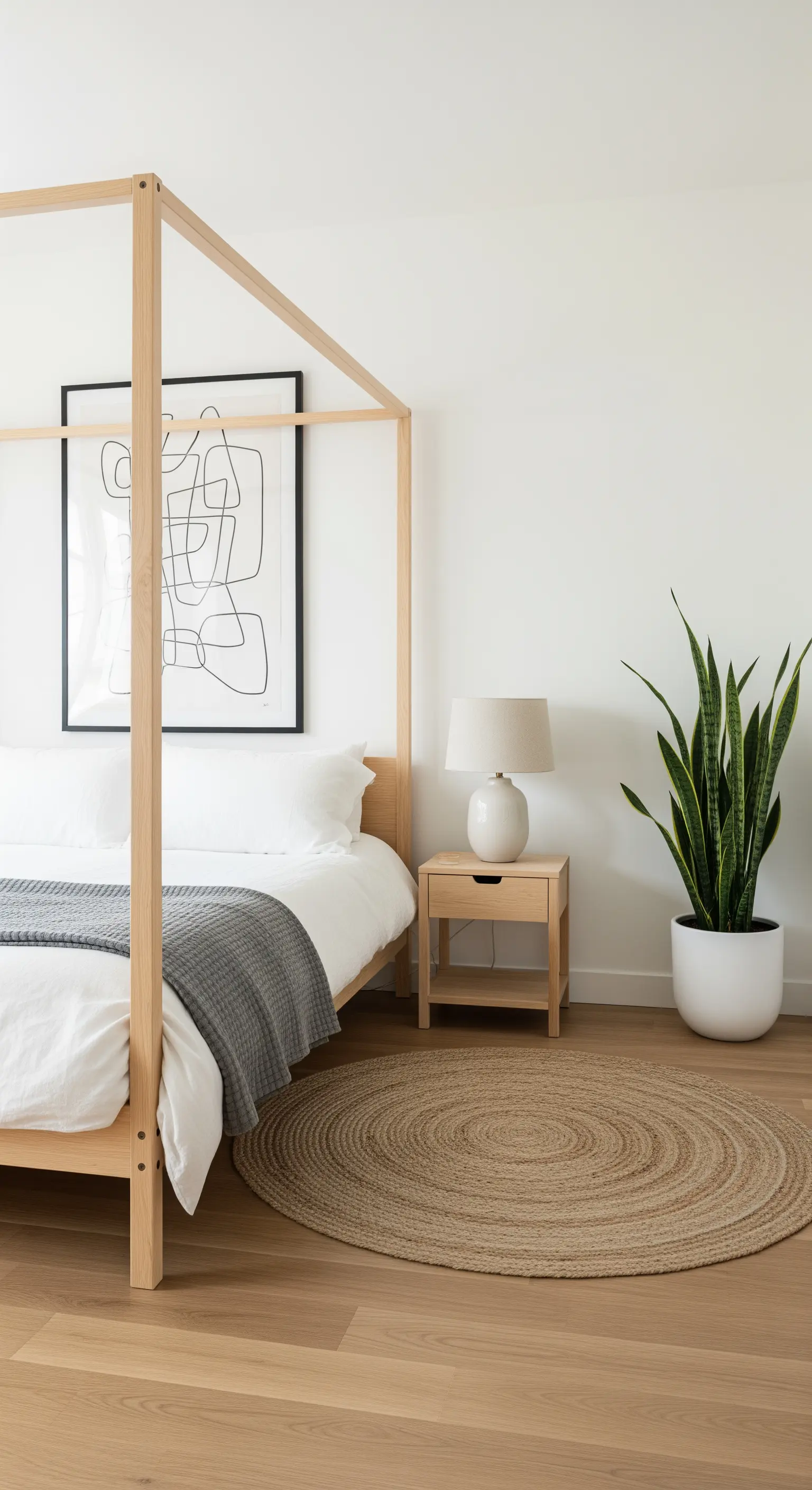 Minimalistisches Boho-Schlafzimmer mit einem Holzbett, einem runden Jute-Teppich und einer großen Pflanze.