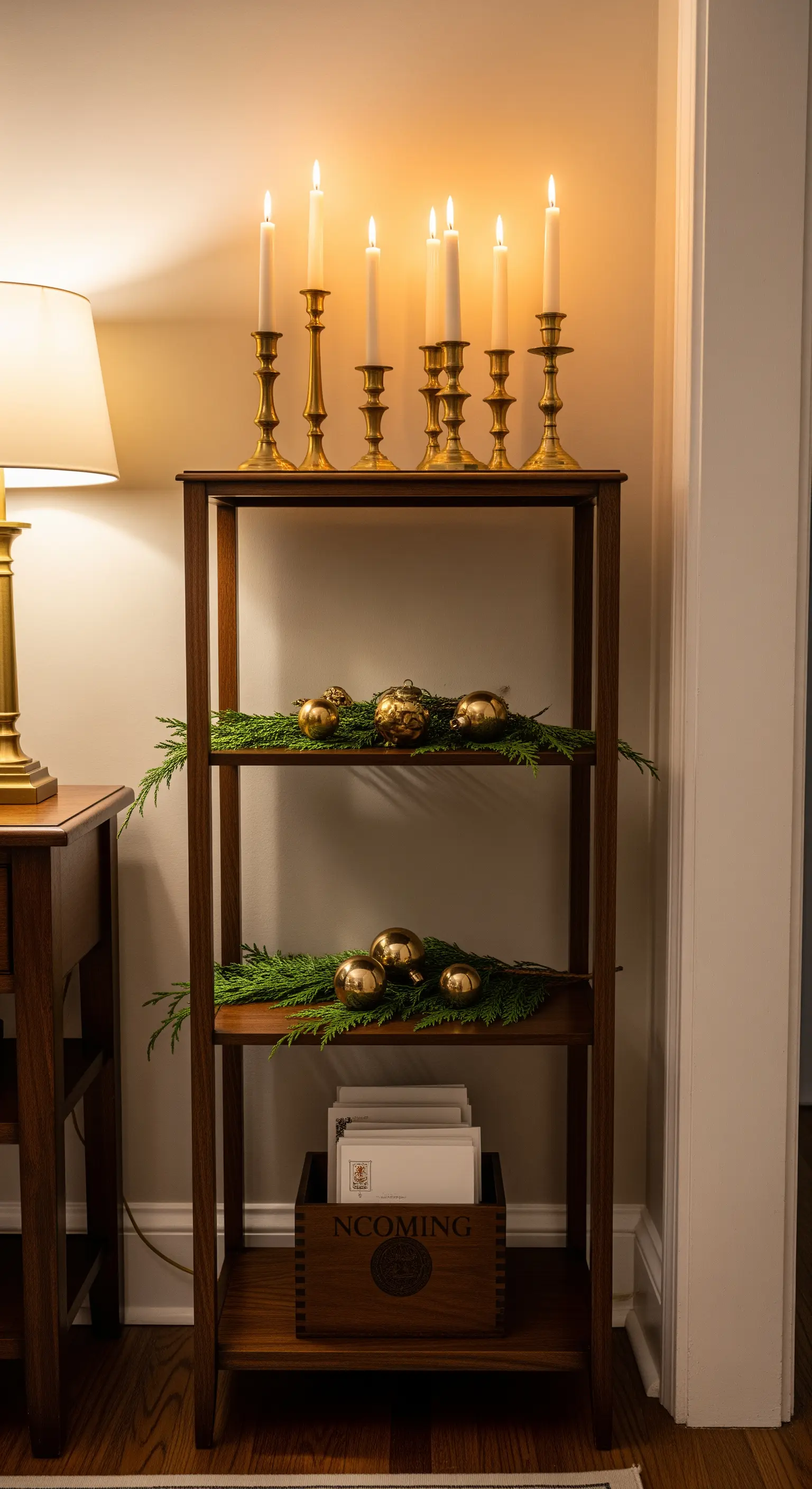 Schmale Holz-Etagere mit Messing-Kerzenhaltern und goldenen Kugeln auf Grün