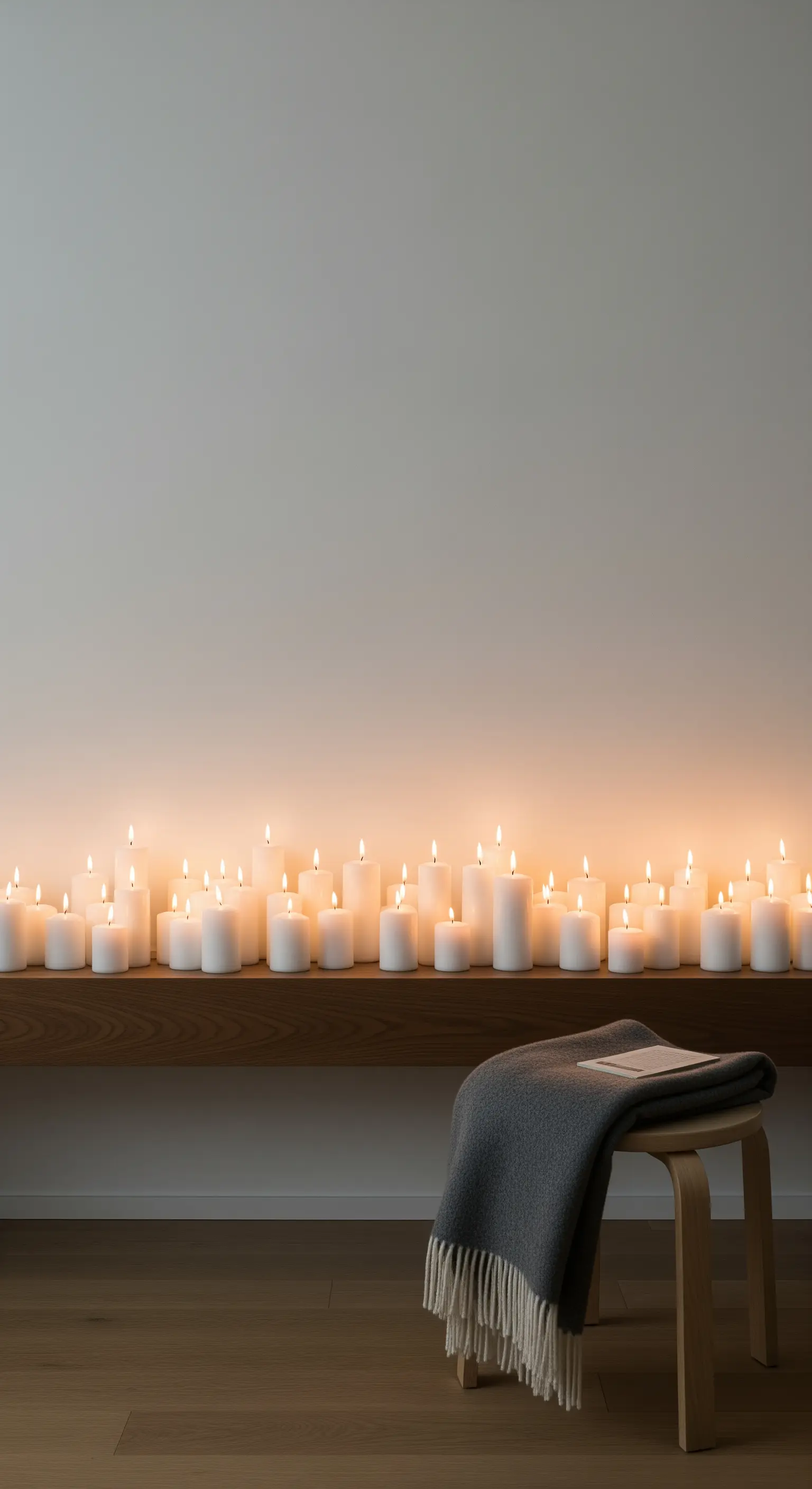 Eine lange Reihe brennender weißer Stumpenkerzen auf einem schlichten Holzboard.