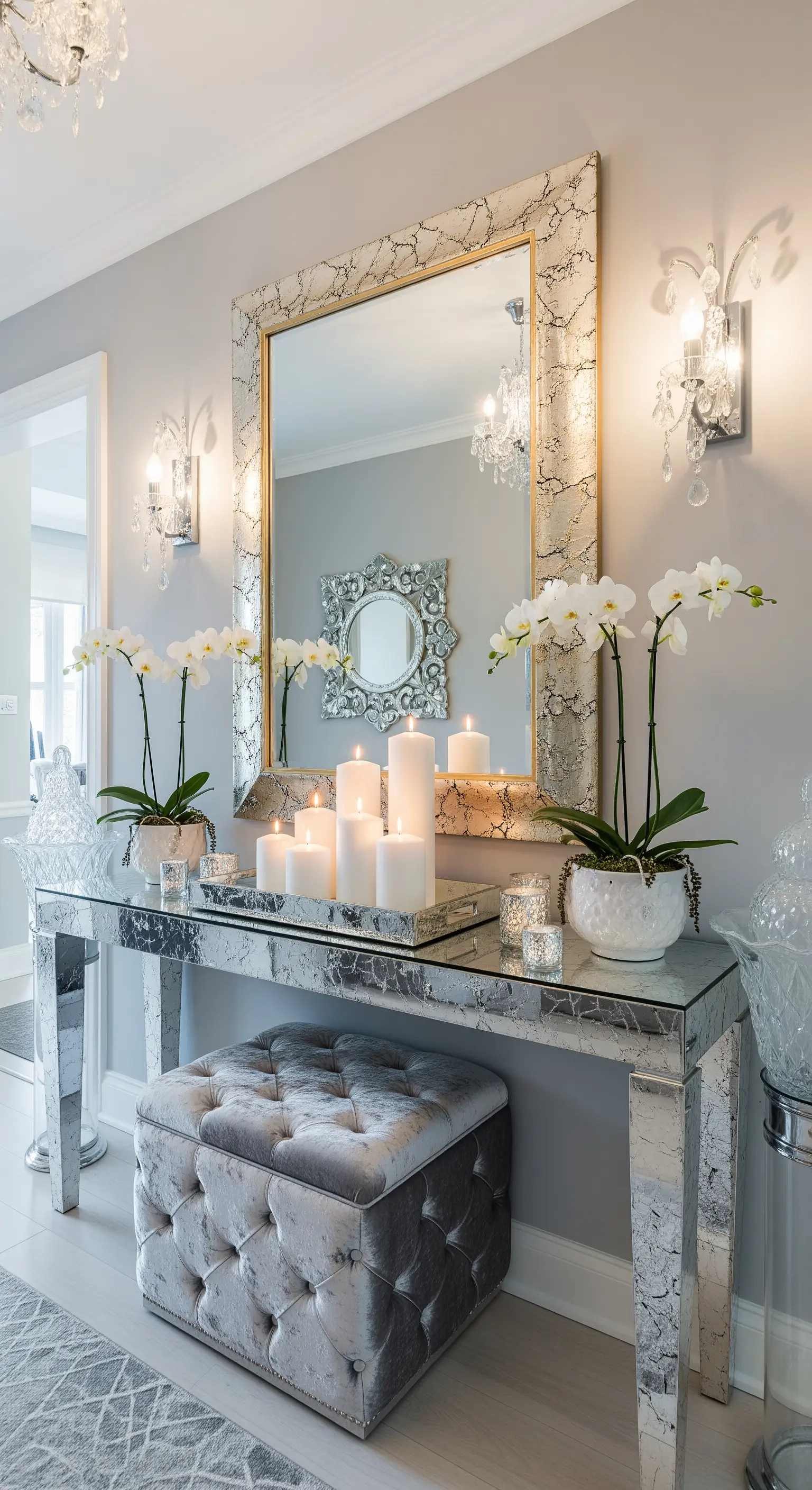 Glamouröser Flur mit Spiegeltisch, großem Spiegel, Kerzen und weißen Orchideen