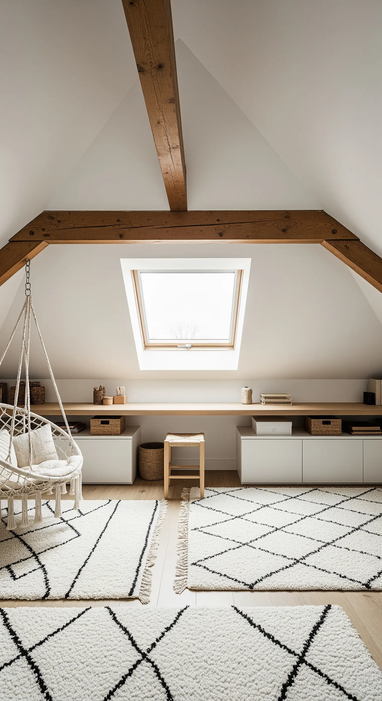 Heller Dachboden-Arbeitsplatz mit Holzbalken, Hängesessel und Berberteppichen