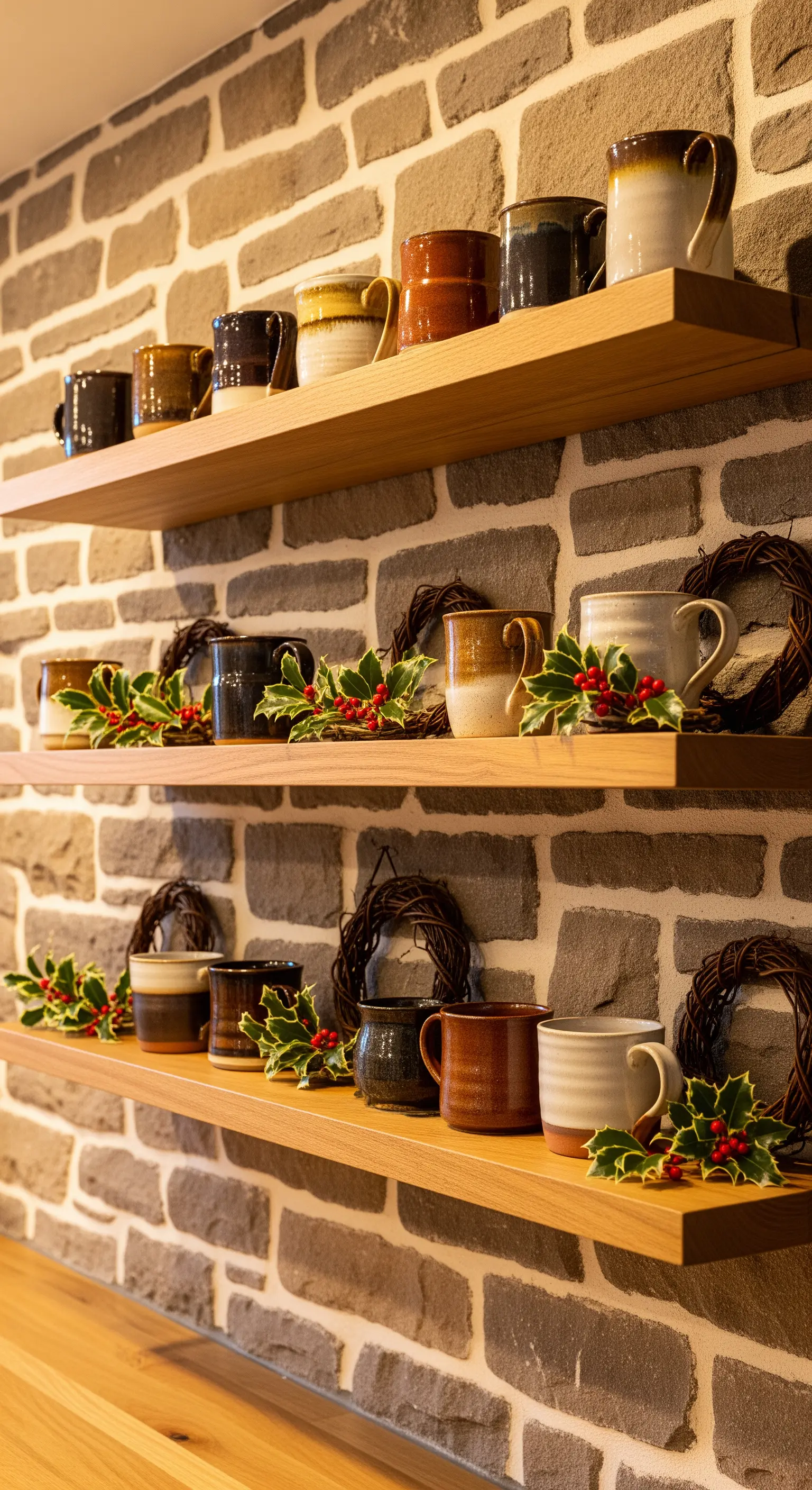 Offene Holzregale mit Keramiktassen, Rebenkränzen und Holly an einer Ziegelwand