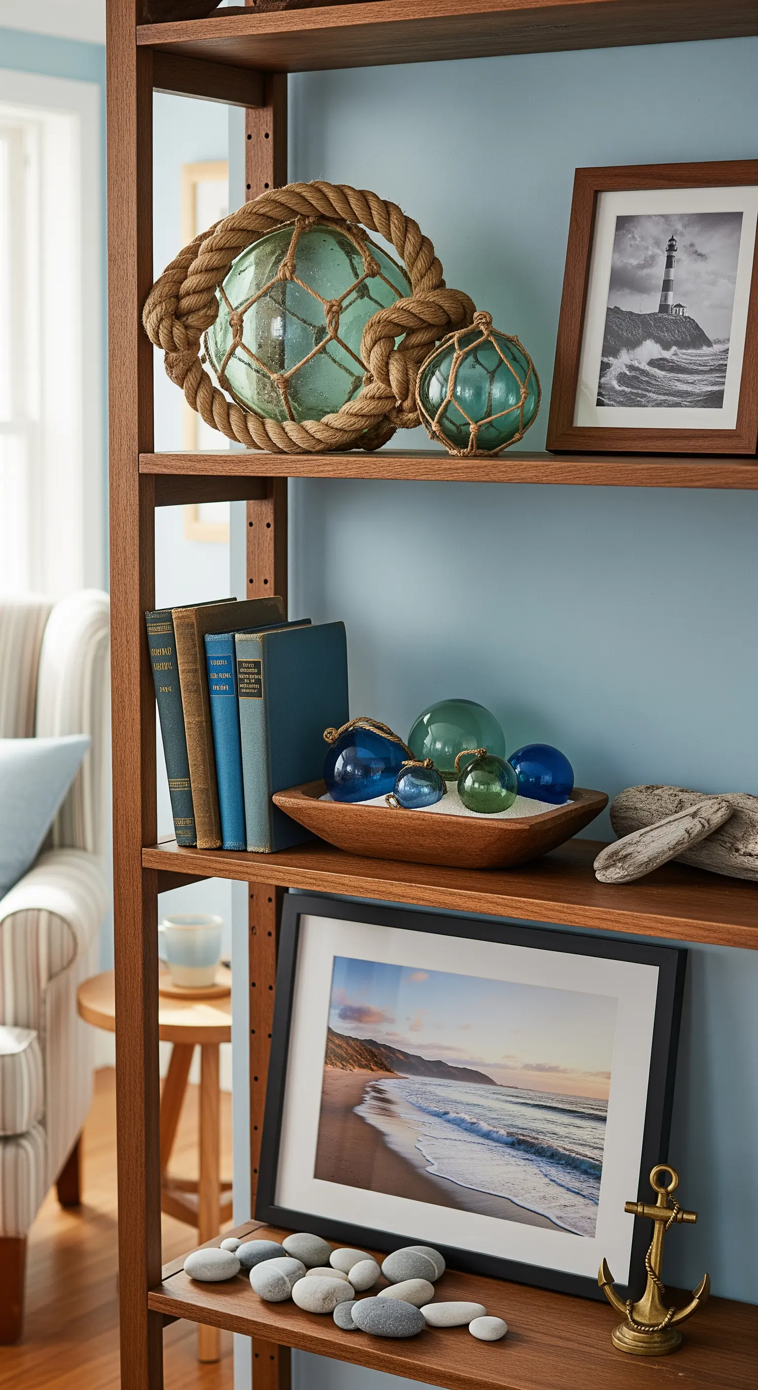Regal im Coastal-Stil mit blauer Rückwand, Glasfischerkugeln, Strandbildern und Treibholz.