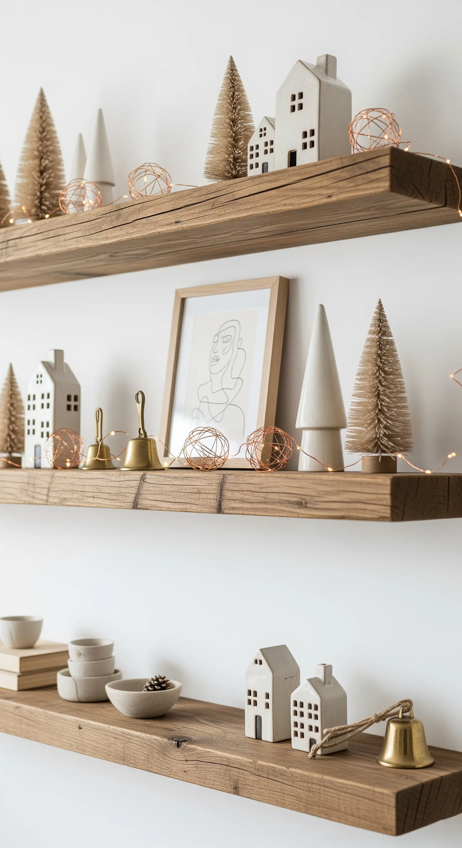 Regal-Deko mit Keramikhäusern, Mini-Tannenbäumen und Kupfer-Lichterkette