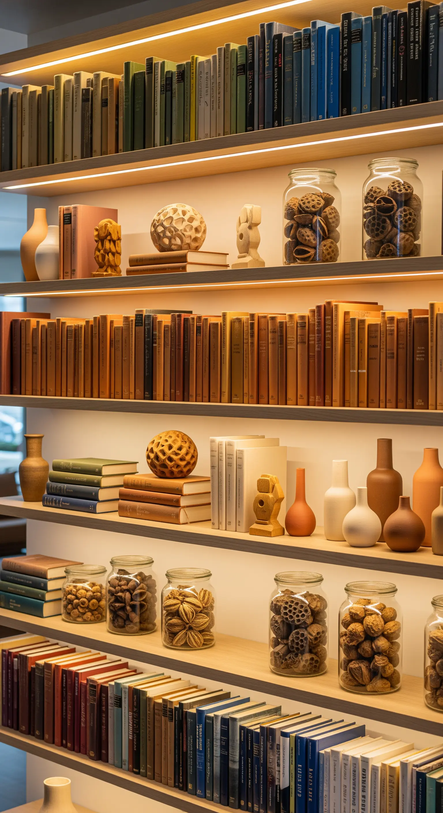 Bücherregal, Naturmaterialien, Glasgefäße, integrierte Beleuchtung, Herbst