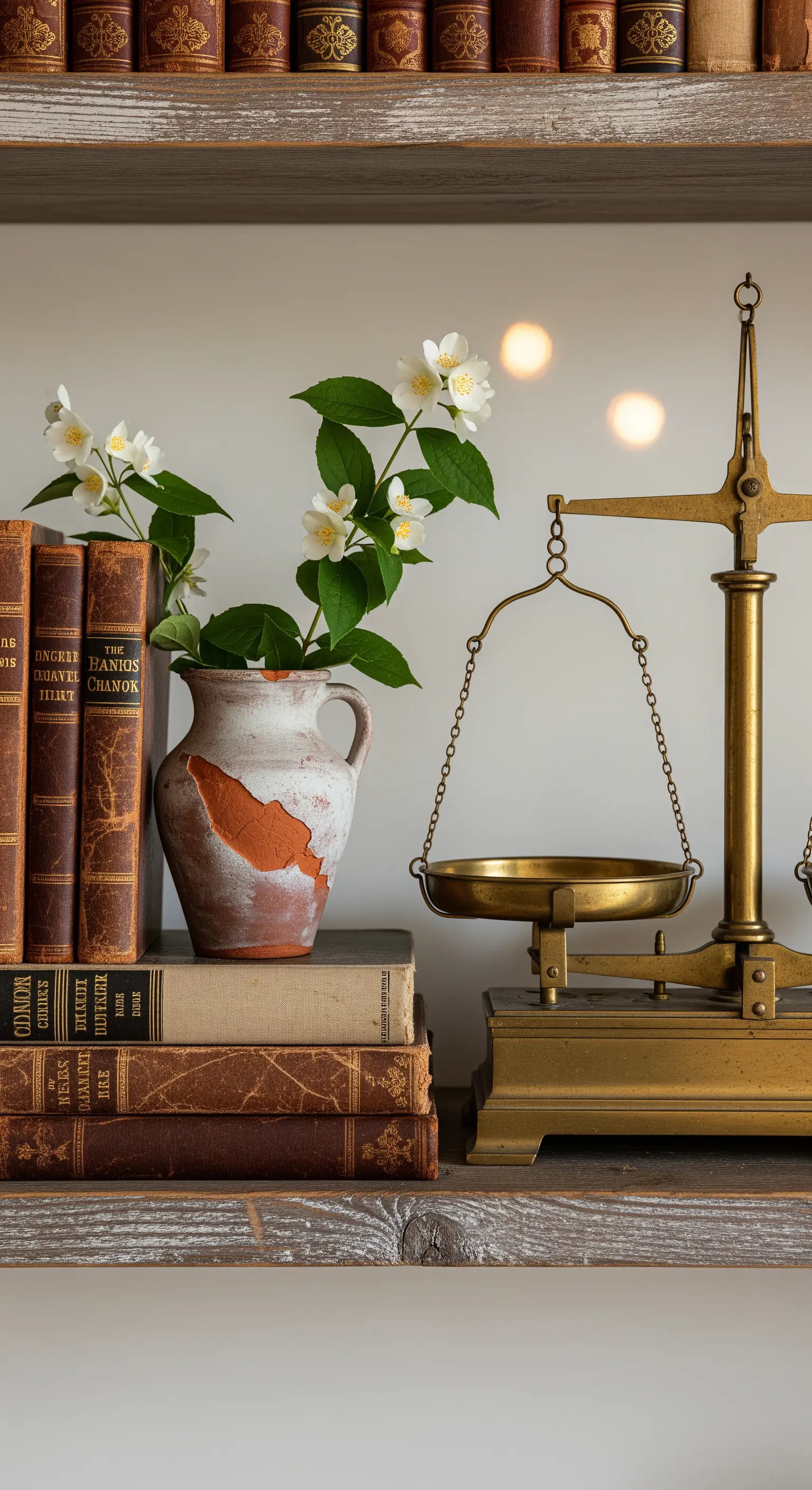Vintage-Bücher, Keramikkrug mit Jasmin und goldene Waage auf Regal
