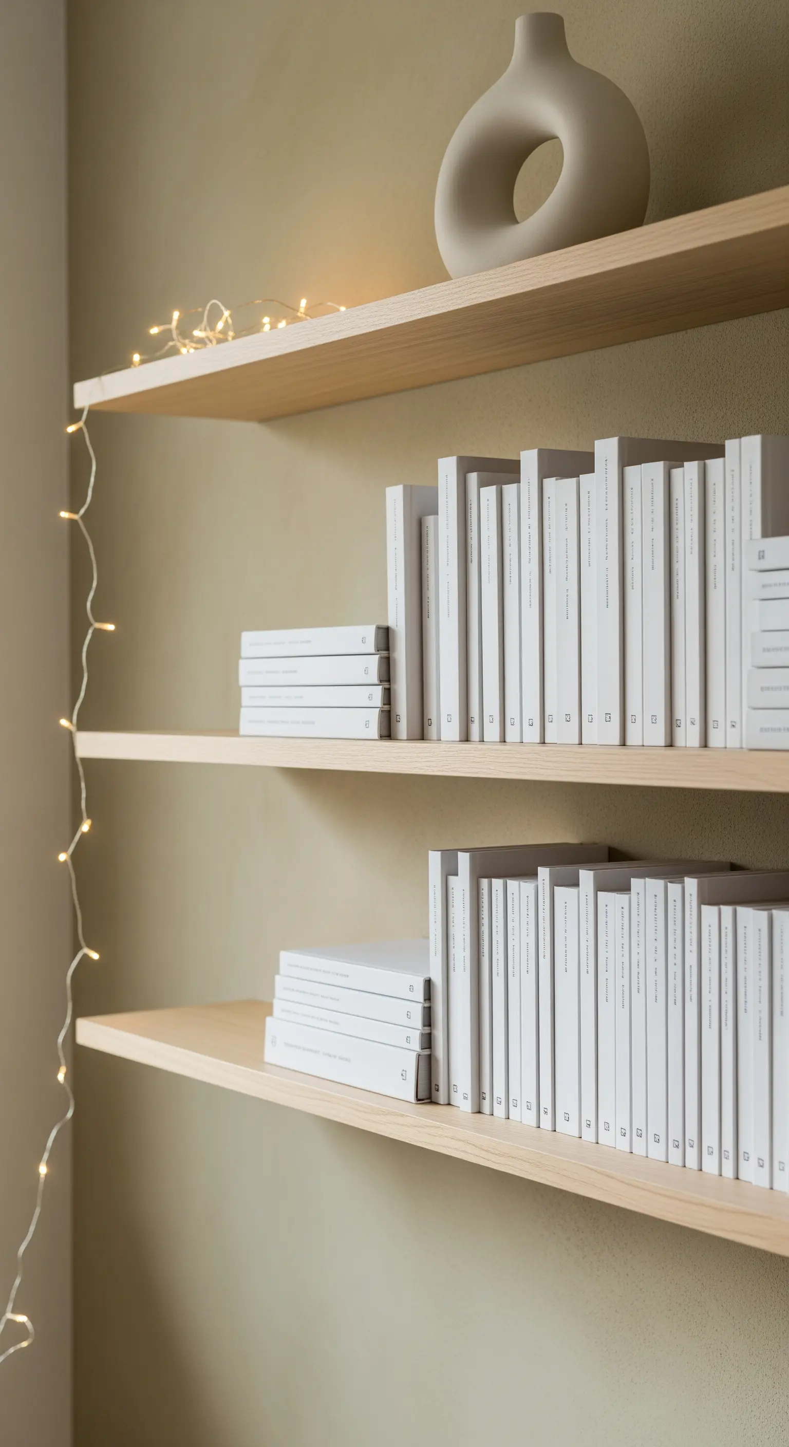Holzregale mit weißen Büchern, Lichterkette und minimalistischer Keramikvase.