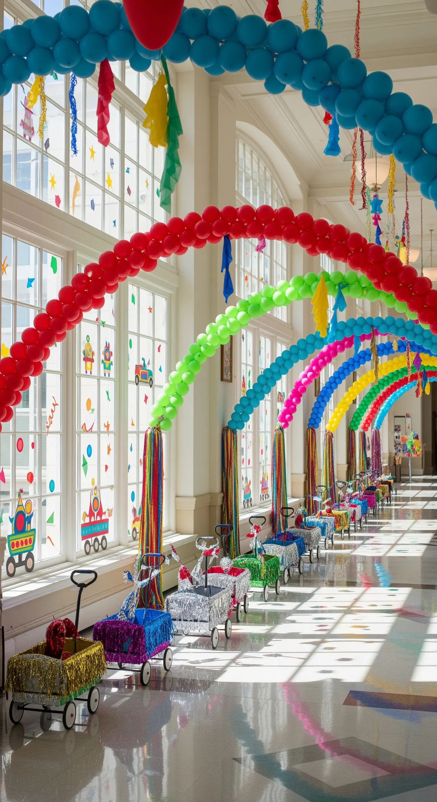 Gang mit Regenbogen-Ballonbögen und dekorierten Spielzeugwagen.