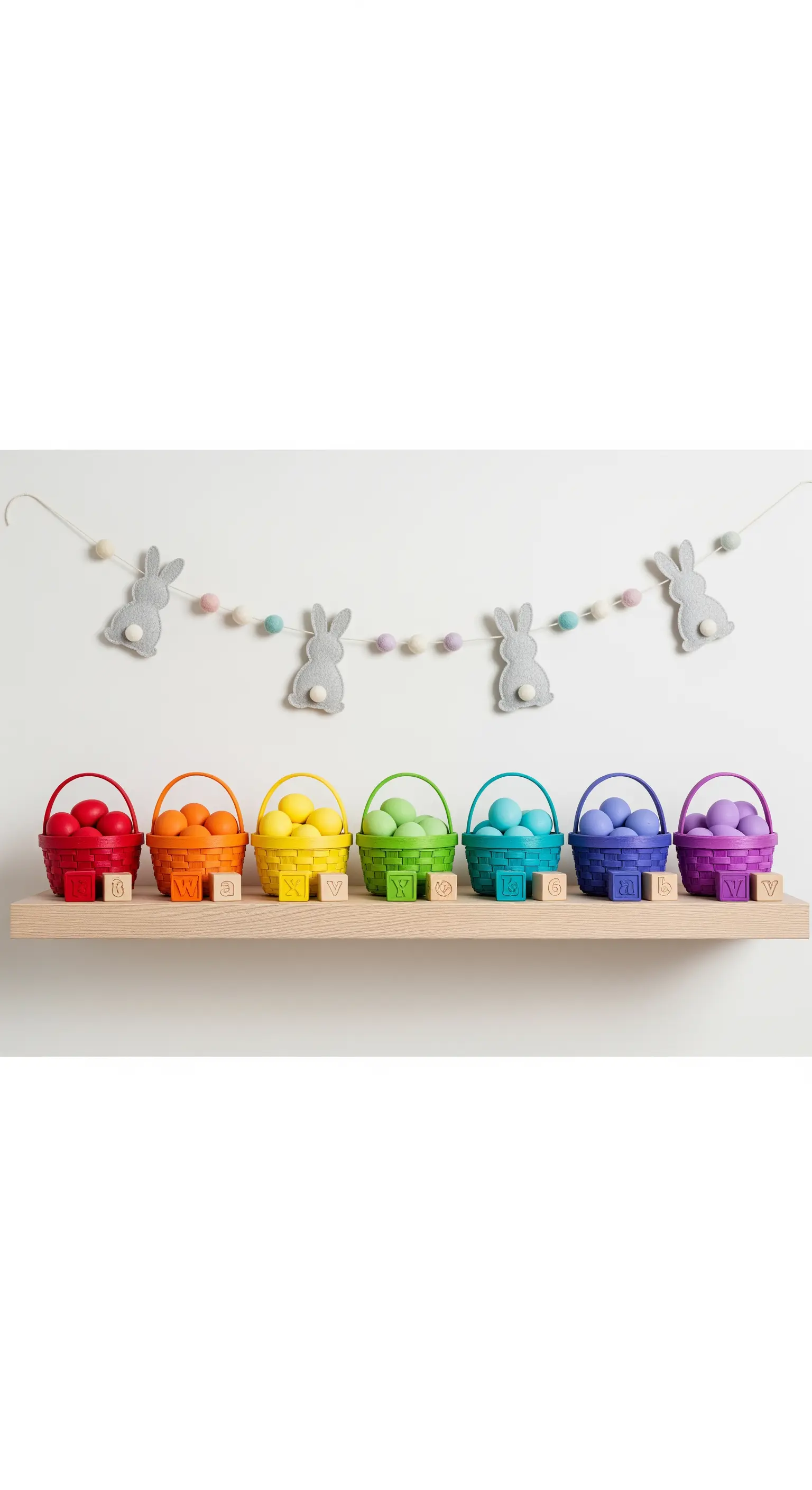 Regenbogen-Reihe von Körbchen mit farblich passenden Eiern und Alphabet-Blöcken auf einem Regal