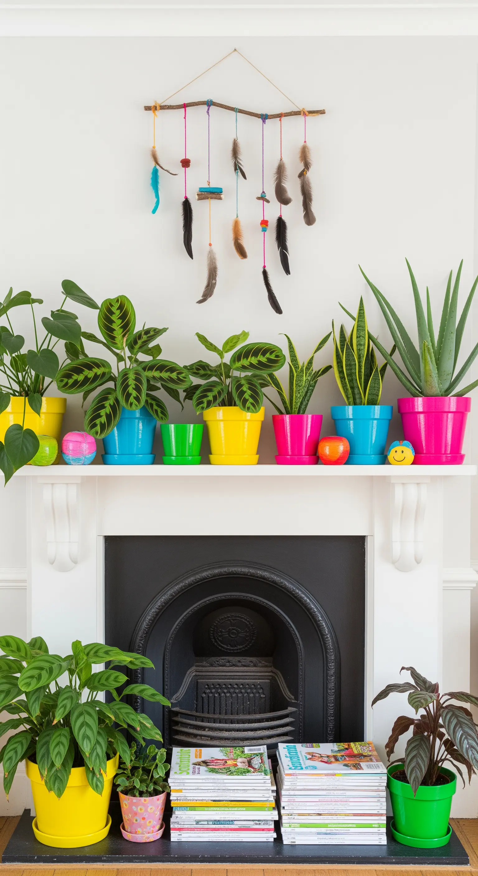 Eine Reihe von Zimmerpflanzen in leuchtend bunten Übertöpfen in Regenbogenfarben