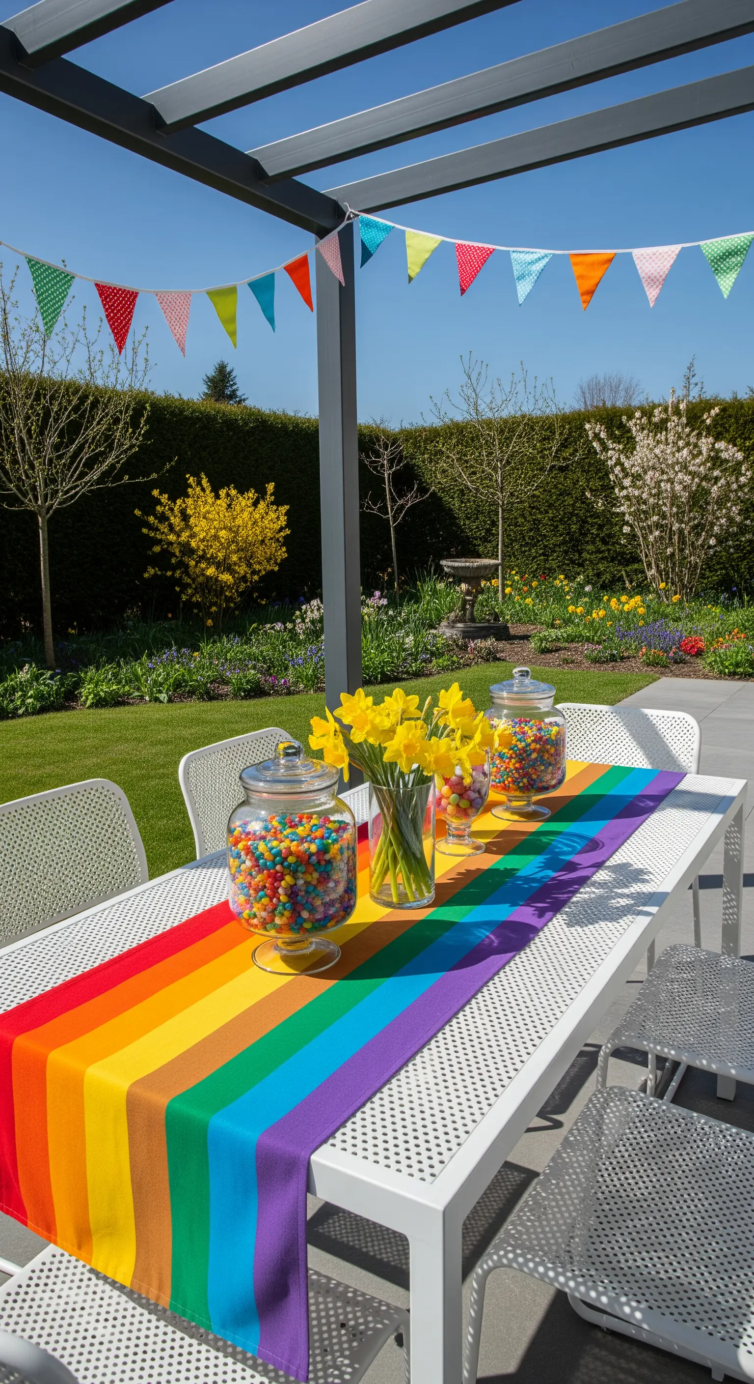 Outdoor-Tisch mit Regenbogen-Tischläufer, bunten Süßigkeiten und gelben Narzissen.