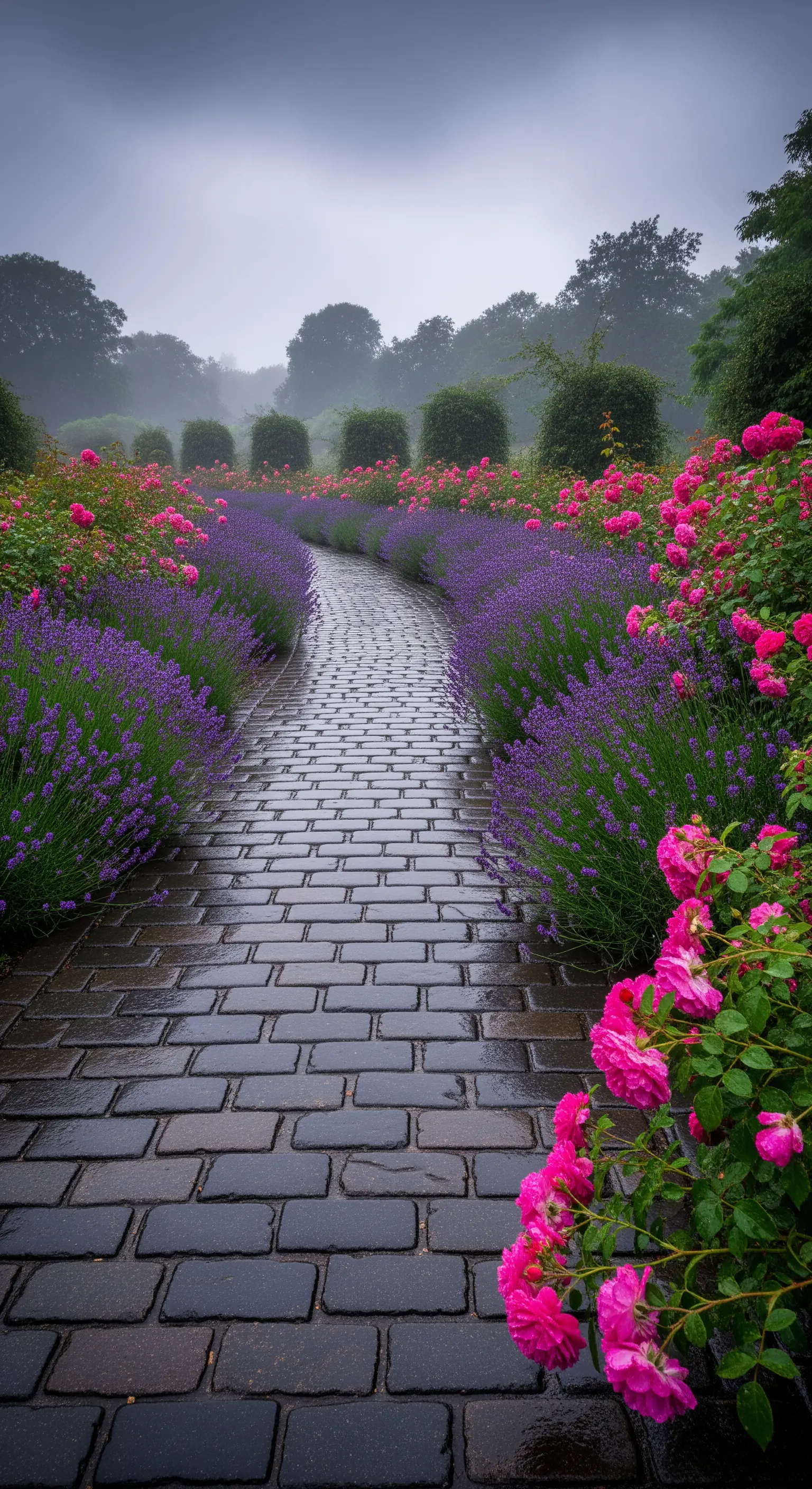 Nasser Kopfsteinpflasterpfad mit pinken Rosen und Lavendel im Regen