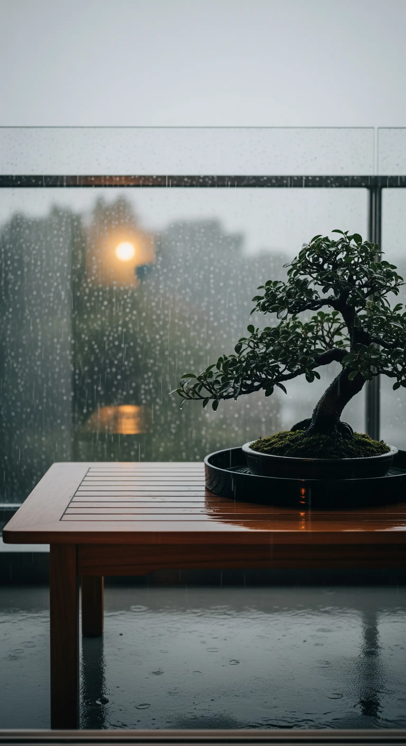 Bonsai auf Holztisch auf Balkon bei Regen, Stadtlichter im Hintergrund