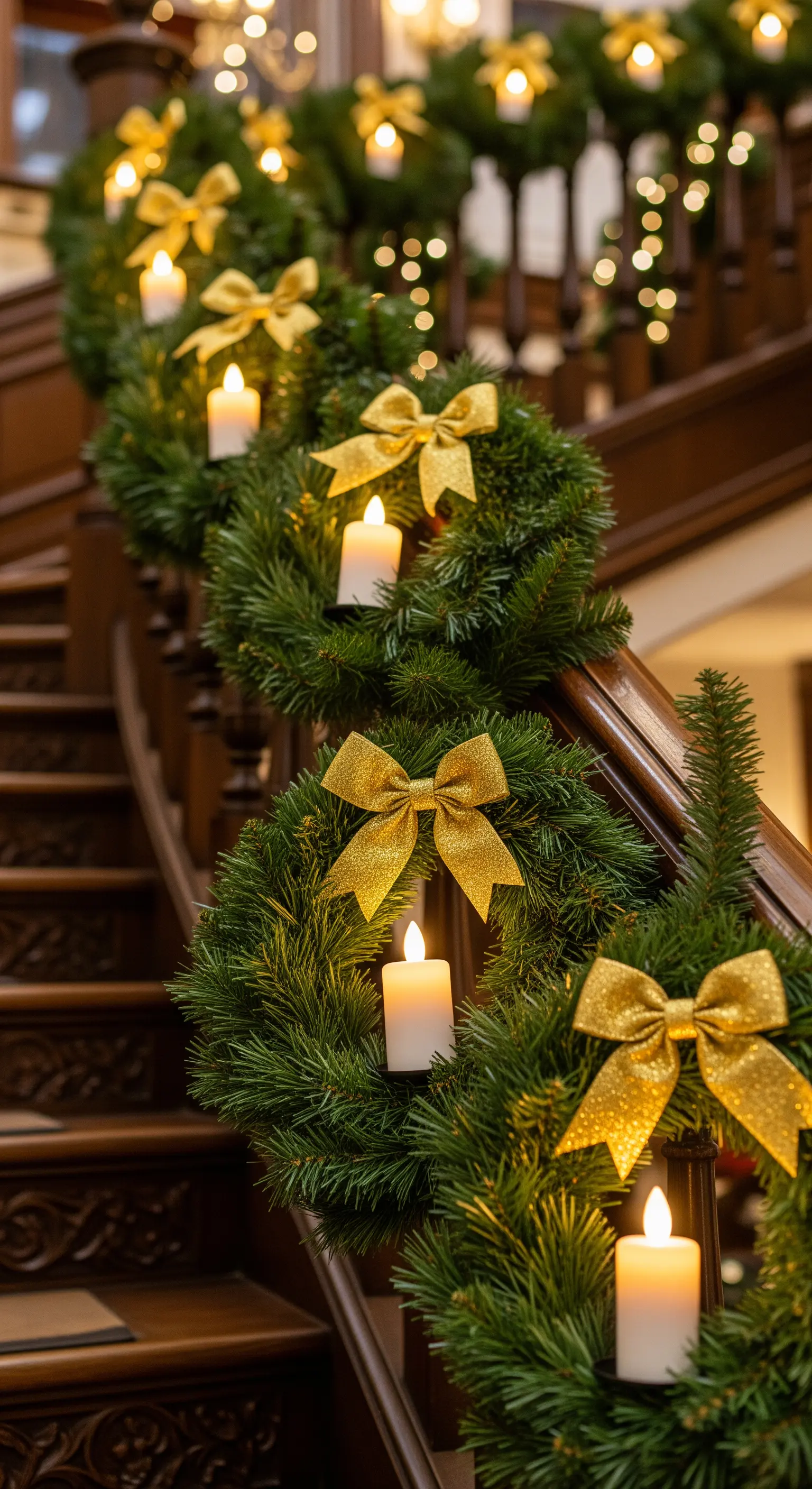 Holztreppe mit mehreren kleinen grünen Kränzen, Goldschleifen und LED-Kerzen.