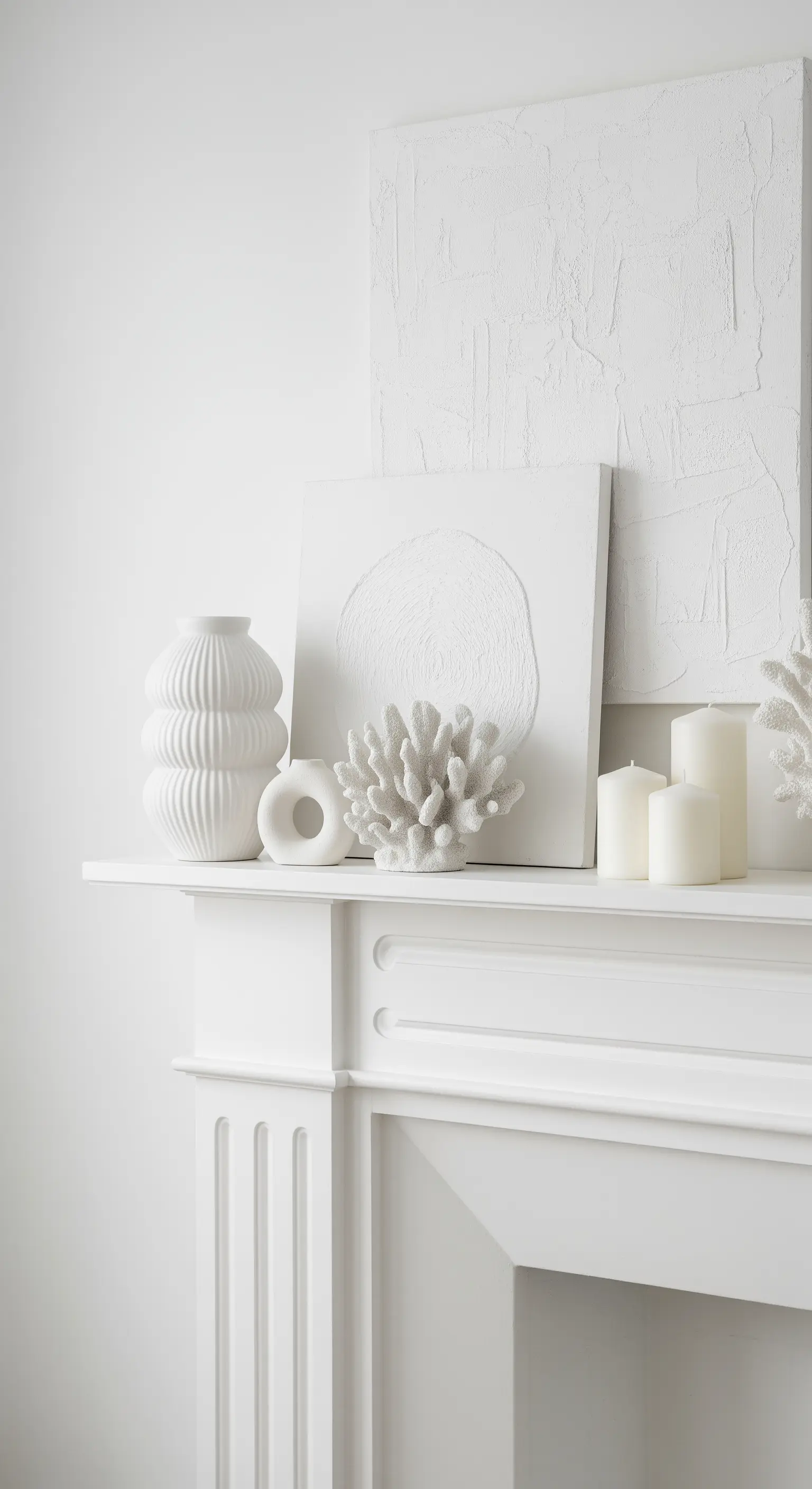 Monochrome weiße Kamin-Deko mit Koralle, Kerzen und strukturierten Bildern.