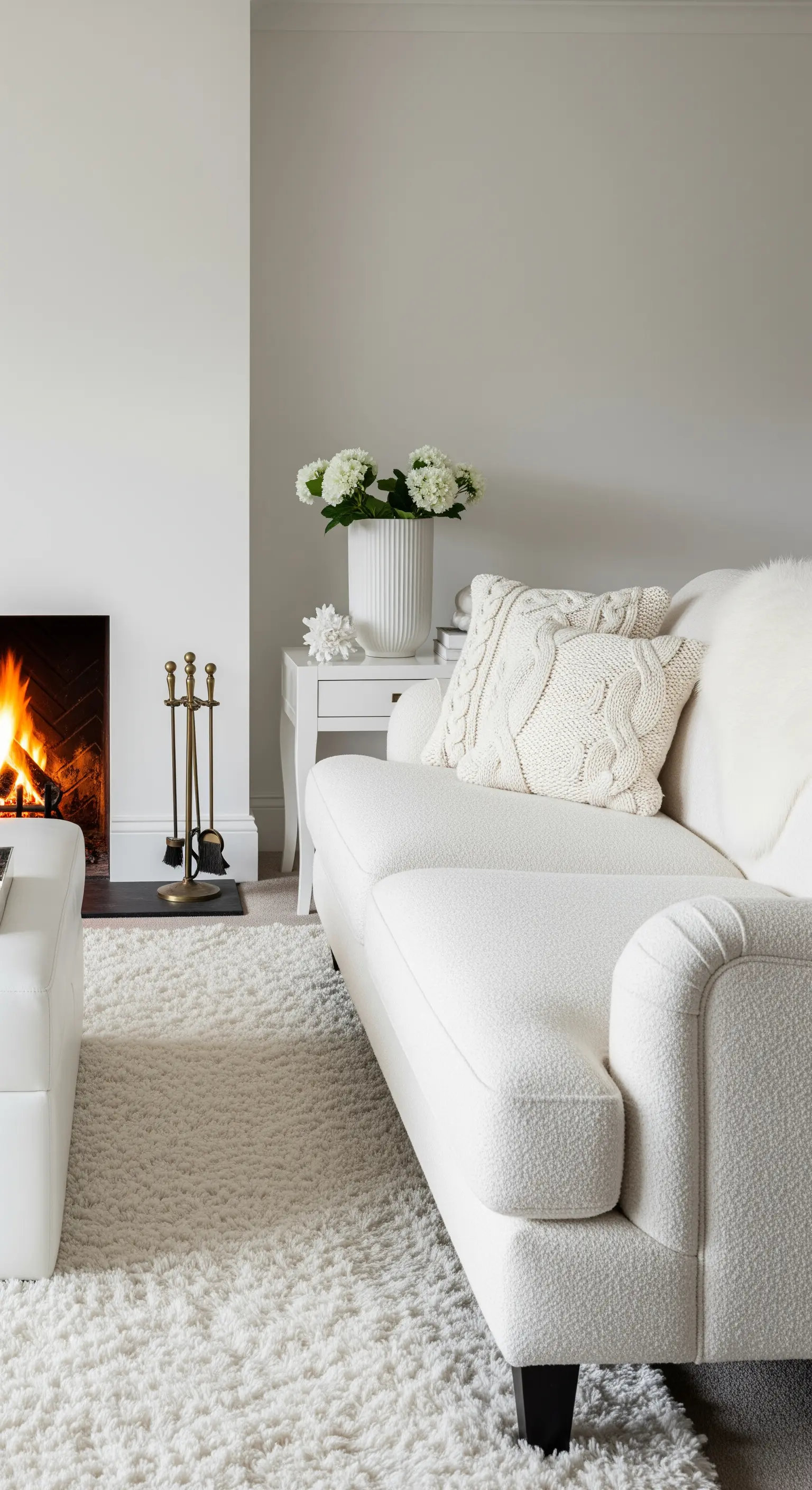Weißes Wohnzimmer mit Bouclé-Sofa, Strickkissen, Flauschteppich und Kamin.