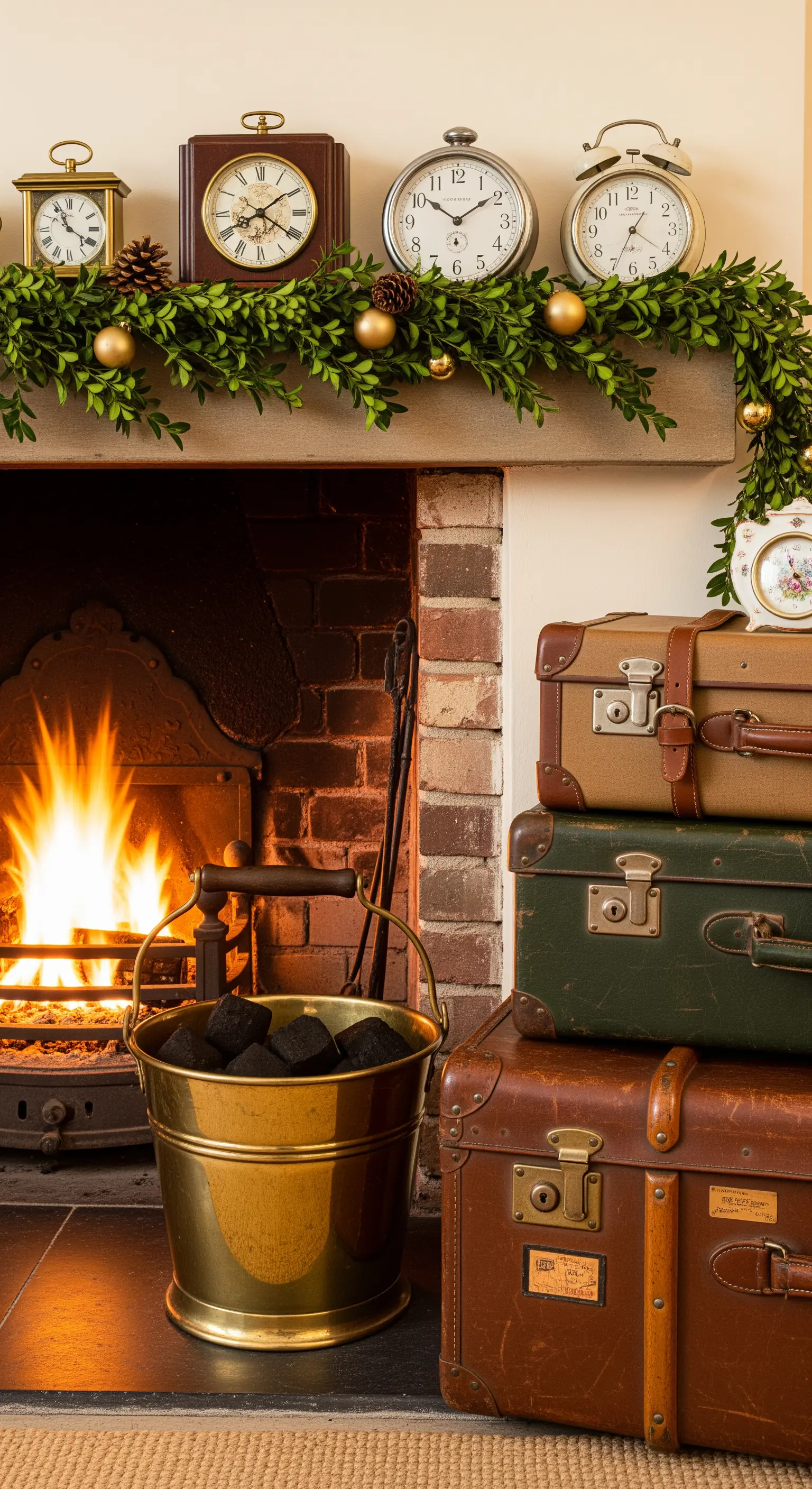 Vintage-Koffer, antike Uhren und Girlande am Kamin