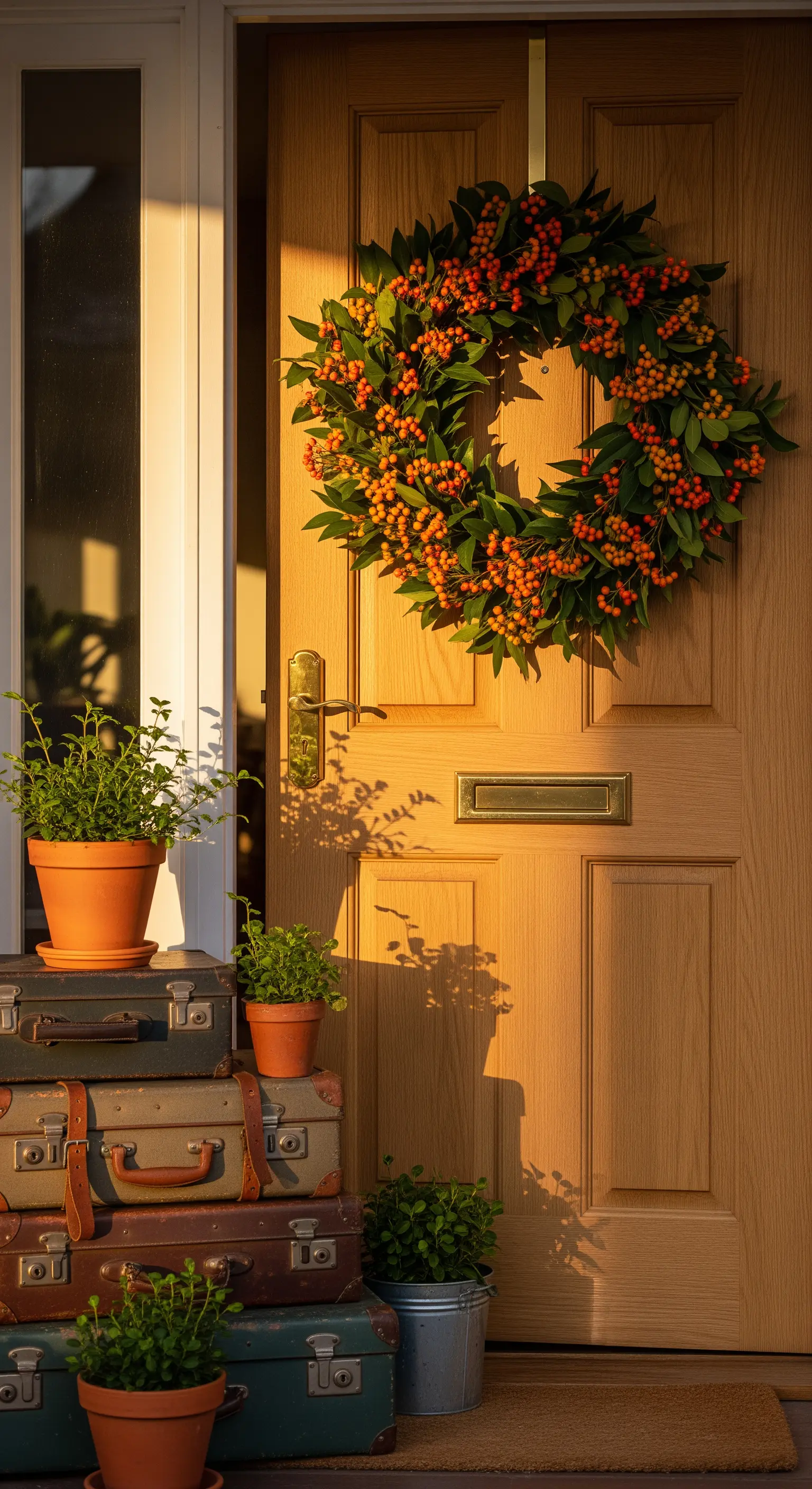 Holztür mit orangefarbenem Beerenkranz und gestapelten Vintage-Reisekoffern mit Pflanzen