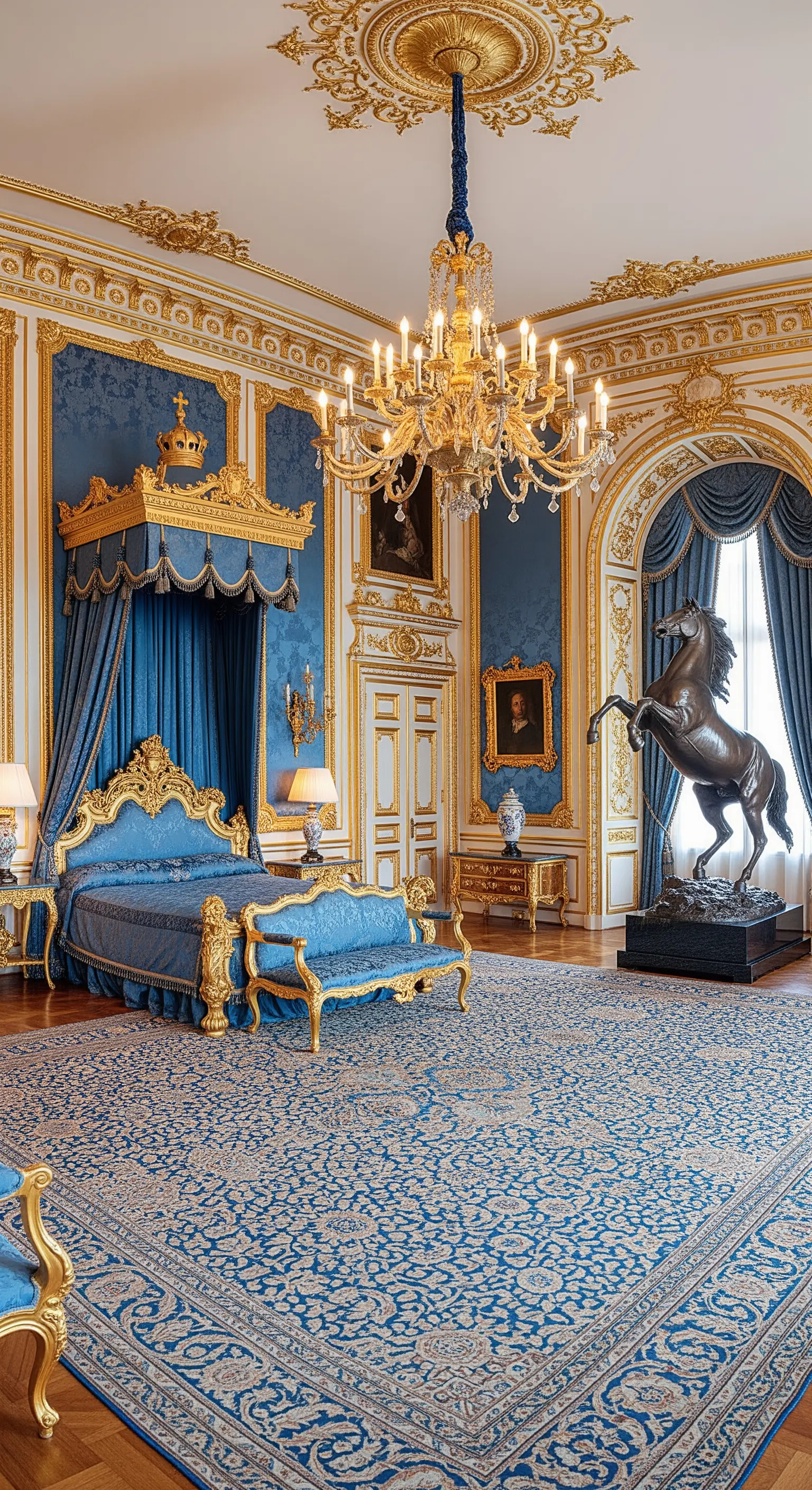 Große Bronze-Reiterstatue in einem opulenten, königlichen Schlafzimmer mit Gold und Blau.