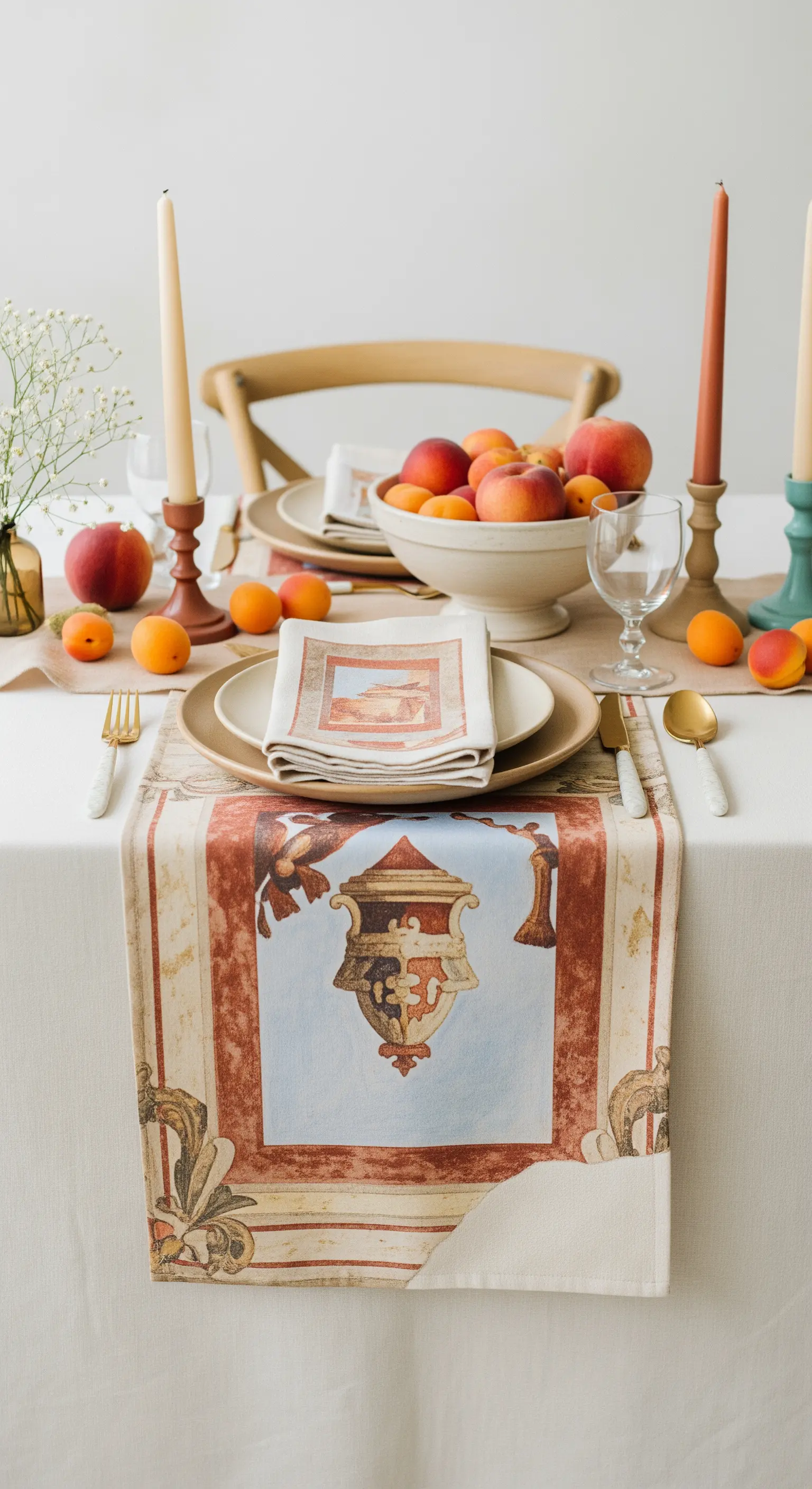 Sommertisch mit bedrucktem Tischläufer, frischen Aprikosen und bunten Stabkerzen.