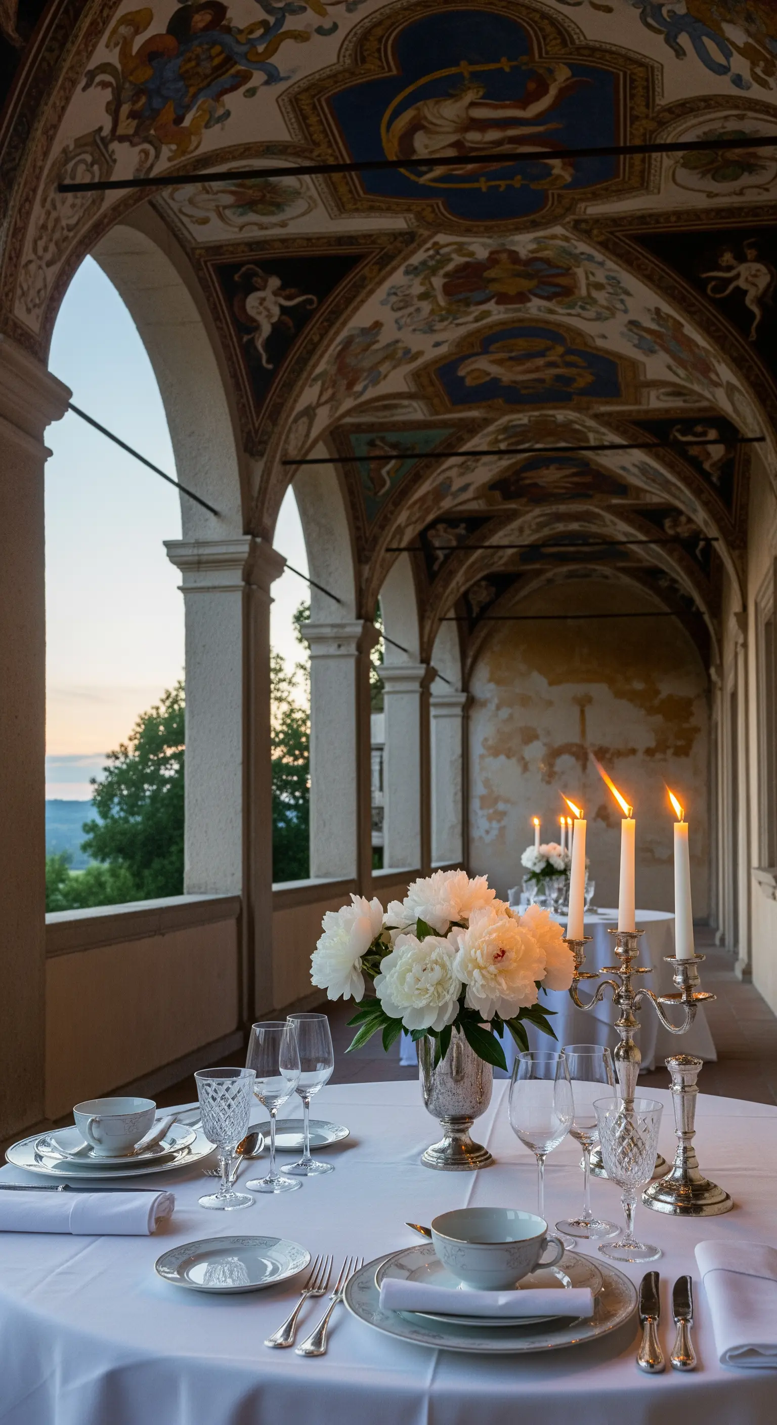 Elegante Festtafel unter einer historischen Loggia mit Deckengemälden