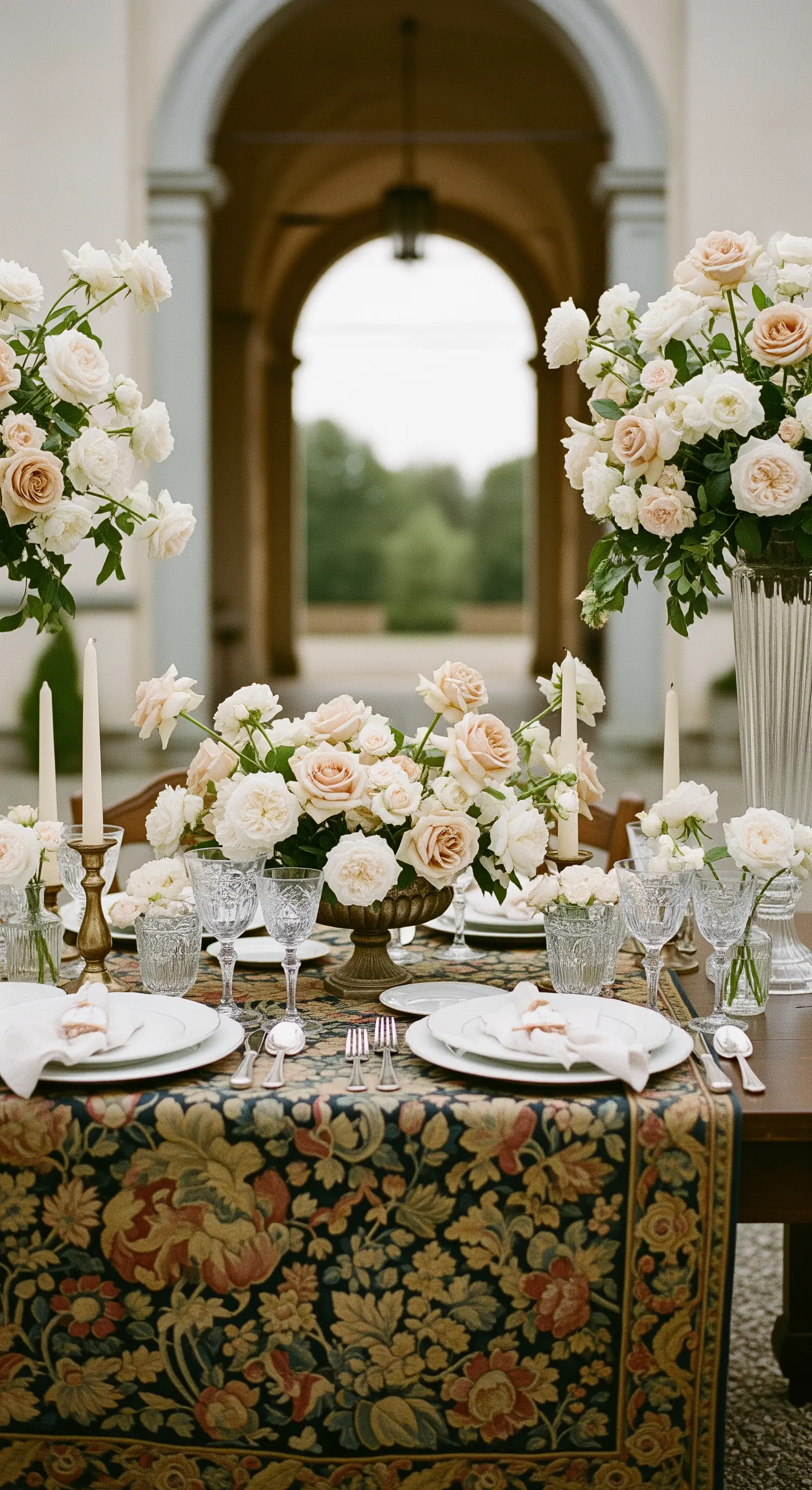 Opulente Tischdeko mit cremefarbenen Rosen und gemustertem Gobelin-Läufer.