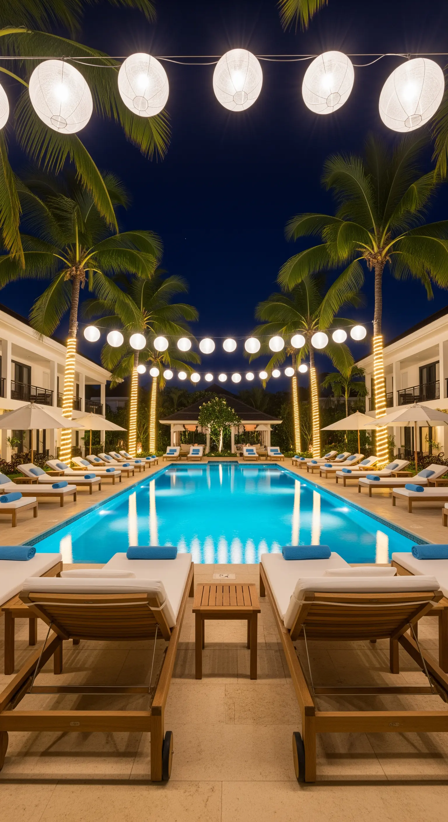 Luxuriöser Poolbereich bei Nacht, beleuchtet von großen Lampions und Lichterketten an Palmen.