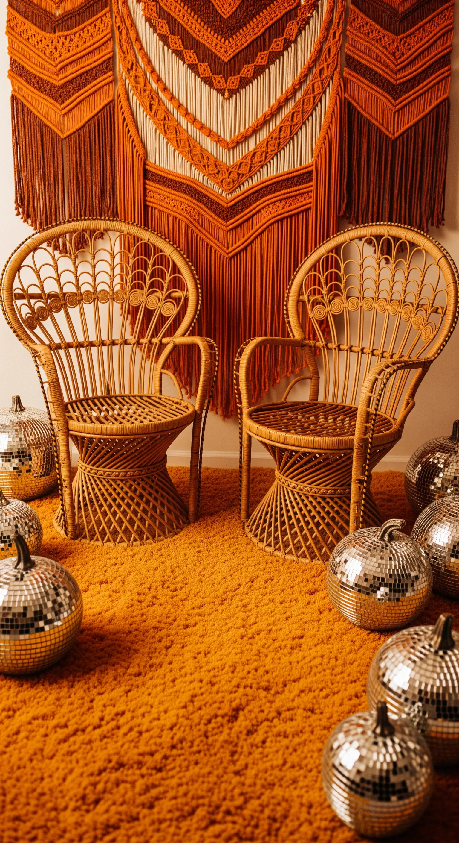 Retro Boho-Ecke mit Makramee-Wandbehang, Rattan-Stühlen und Disco-Kürbissen