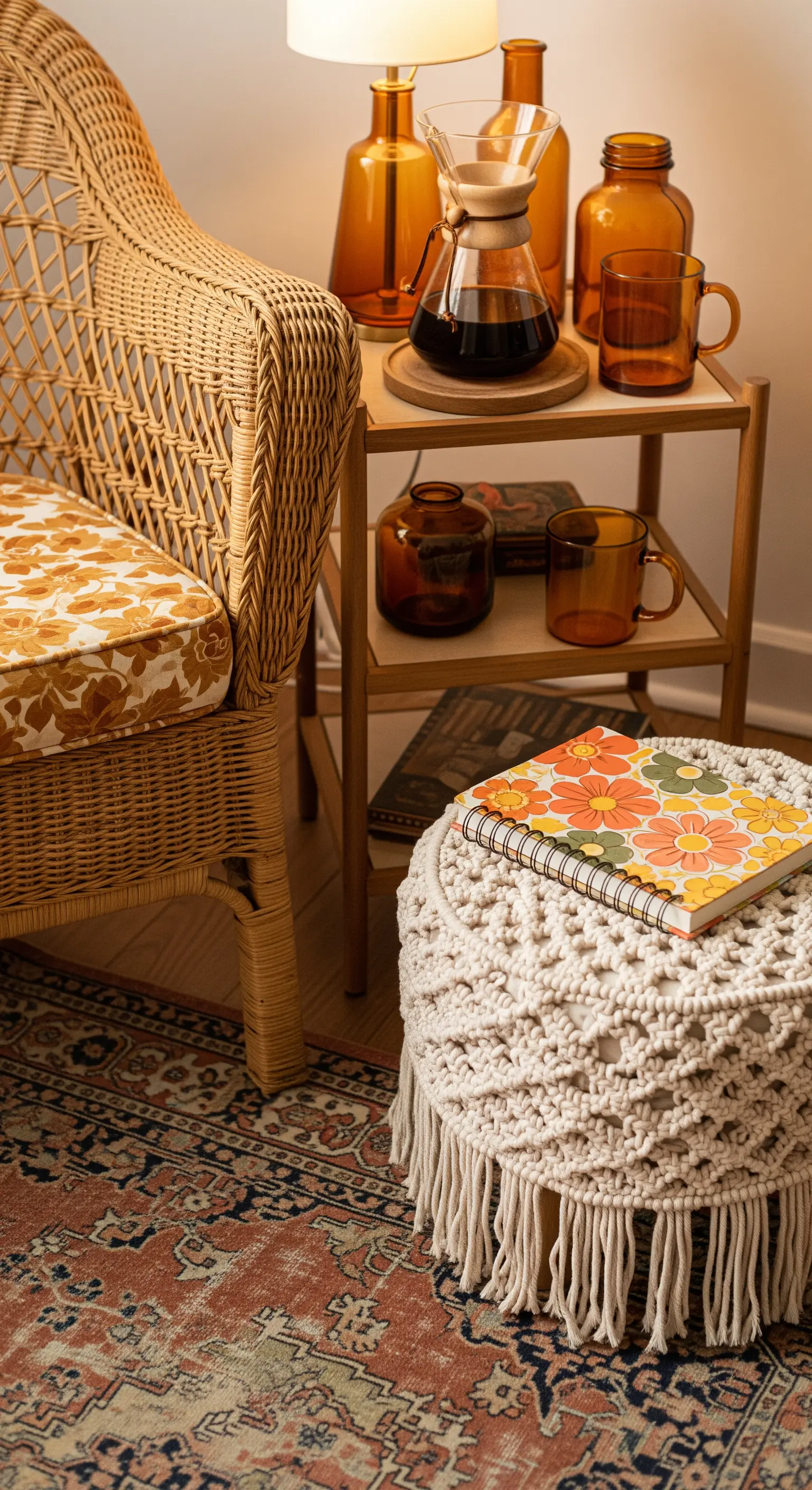 Leseecke im 70er-Jahre-Stil mit Rattansessel, Makramee-Hocker und orangefarbenem Glas.