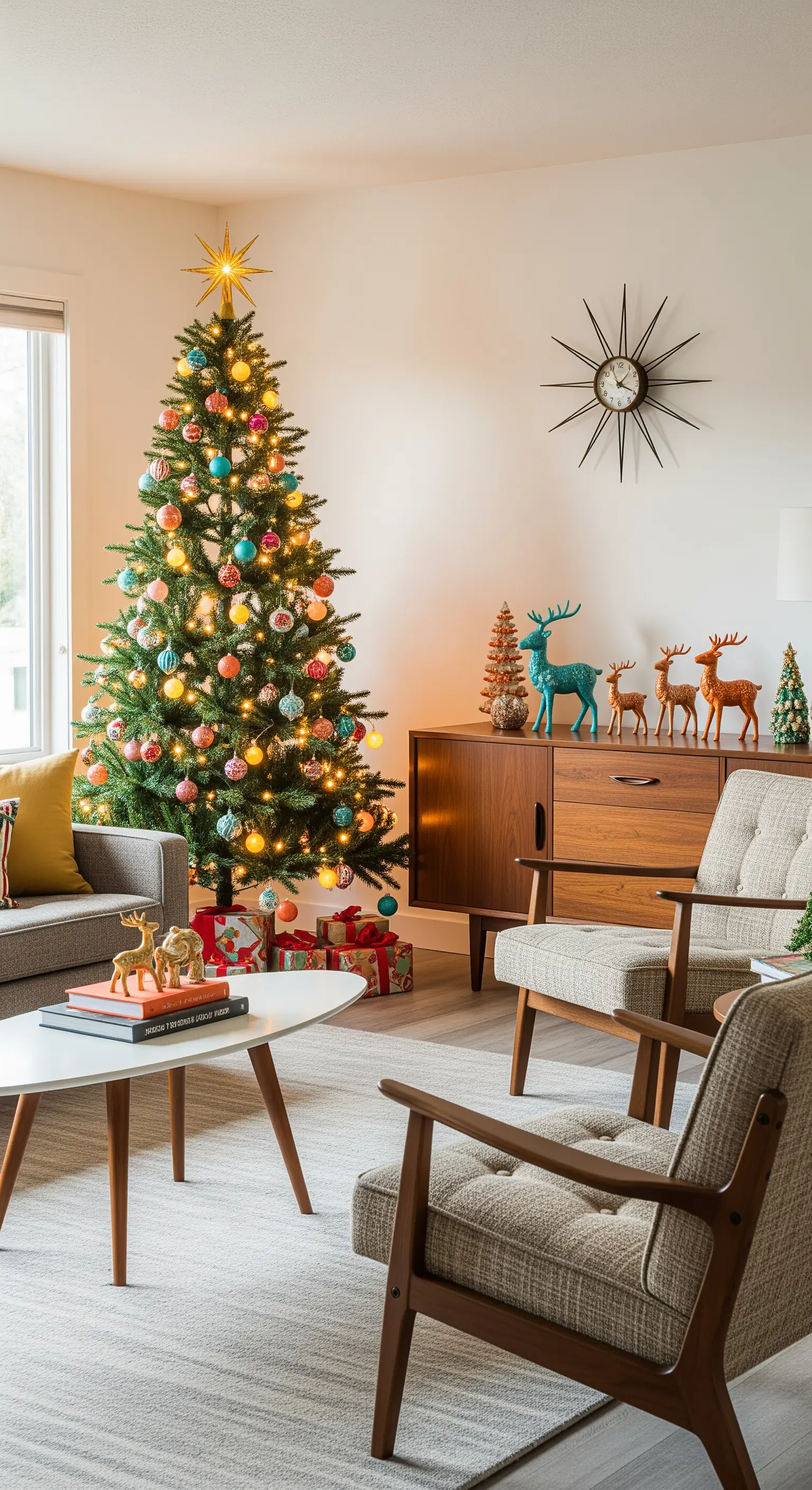 Mid-Century Weihnachtsdeko, bunter Baum, Holzmöbel, Retrostil