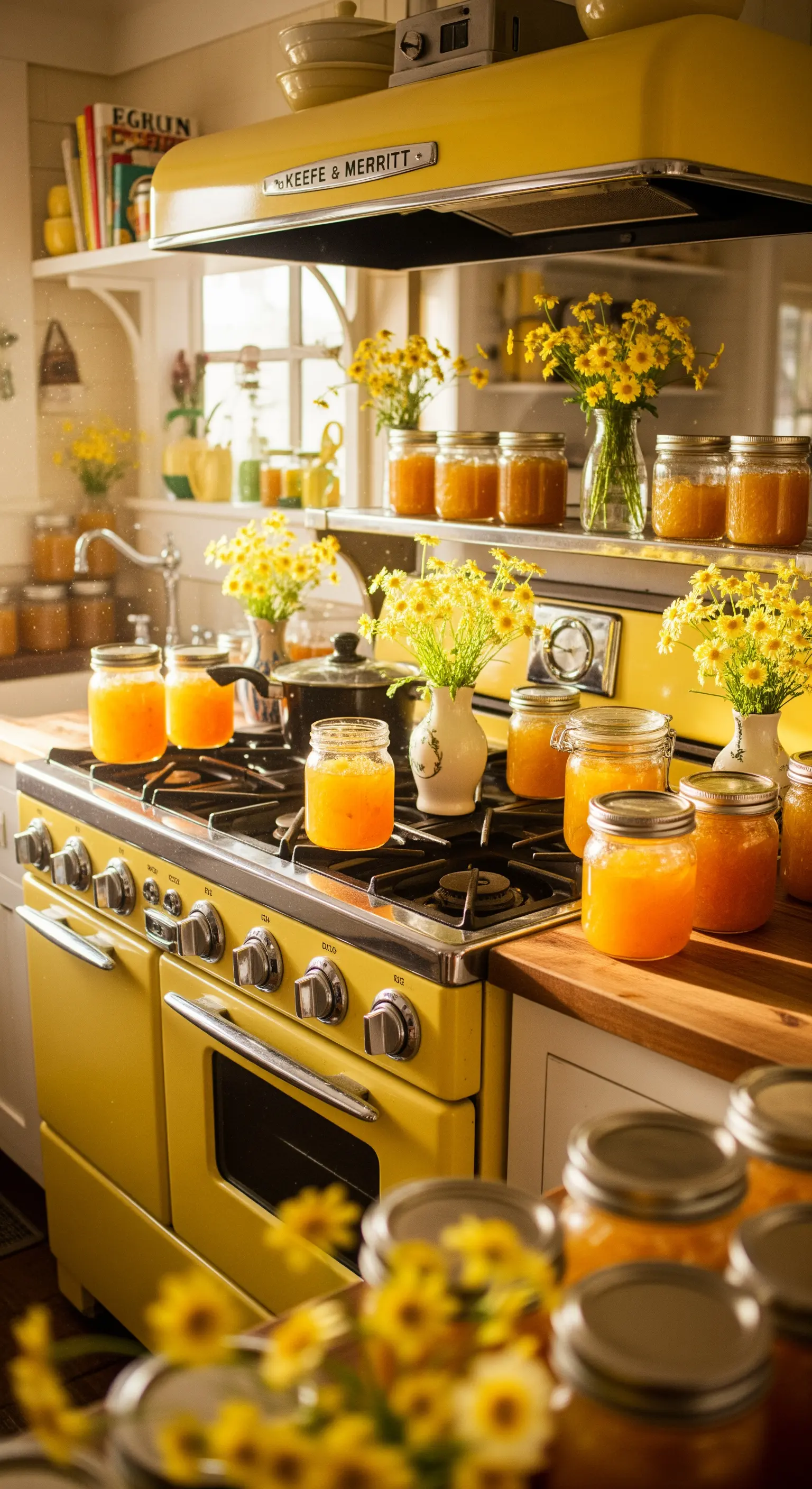 Vintage-Küche mit gelbem Herd, Blumen und Einmachgläsern