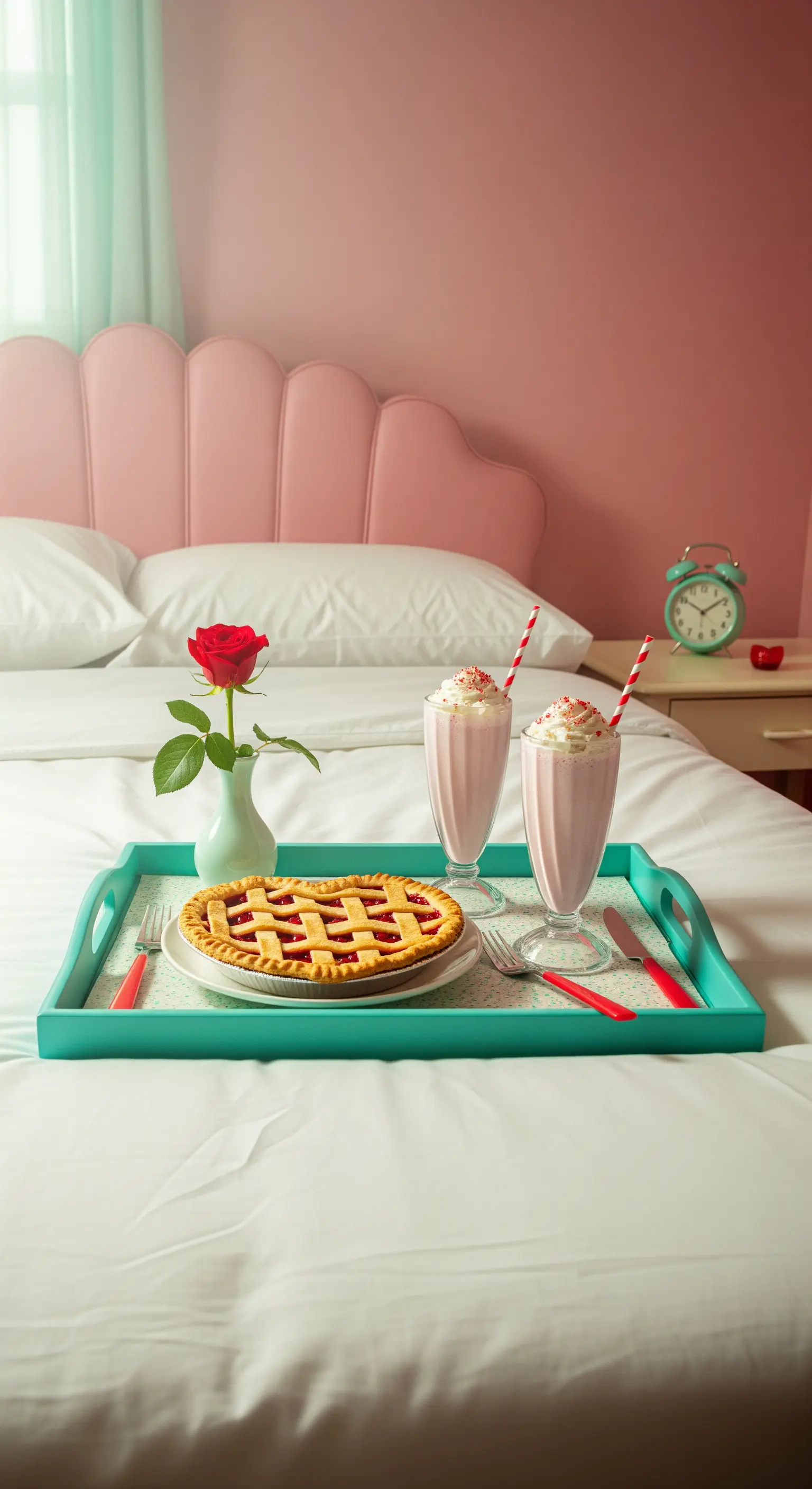Retro-Frühstück mit pinker Wand, türkisfarbenem Tablett, Kirschkuchen und Milchshakes