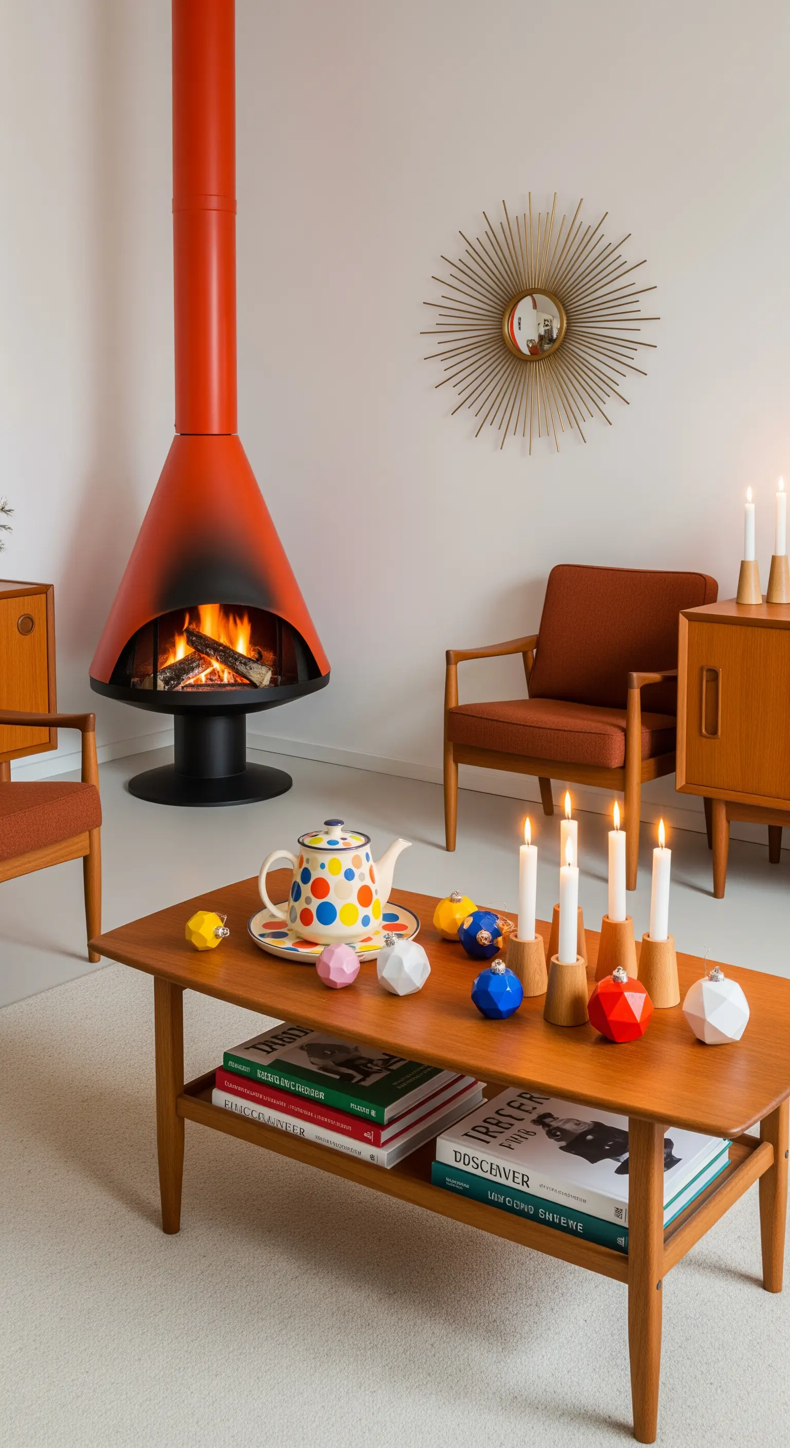 Freistehender orangefarbener Kamin, Mid-Century Modern Möbel, bunte Deko, Retro-Stil.