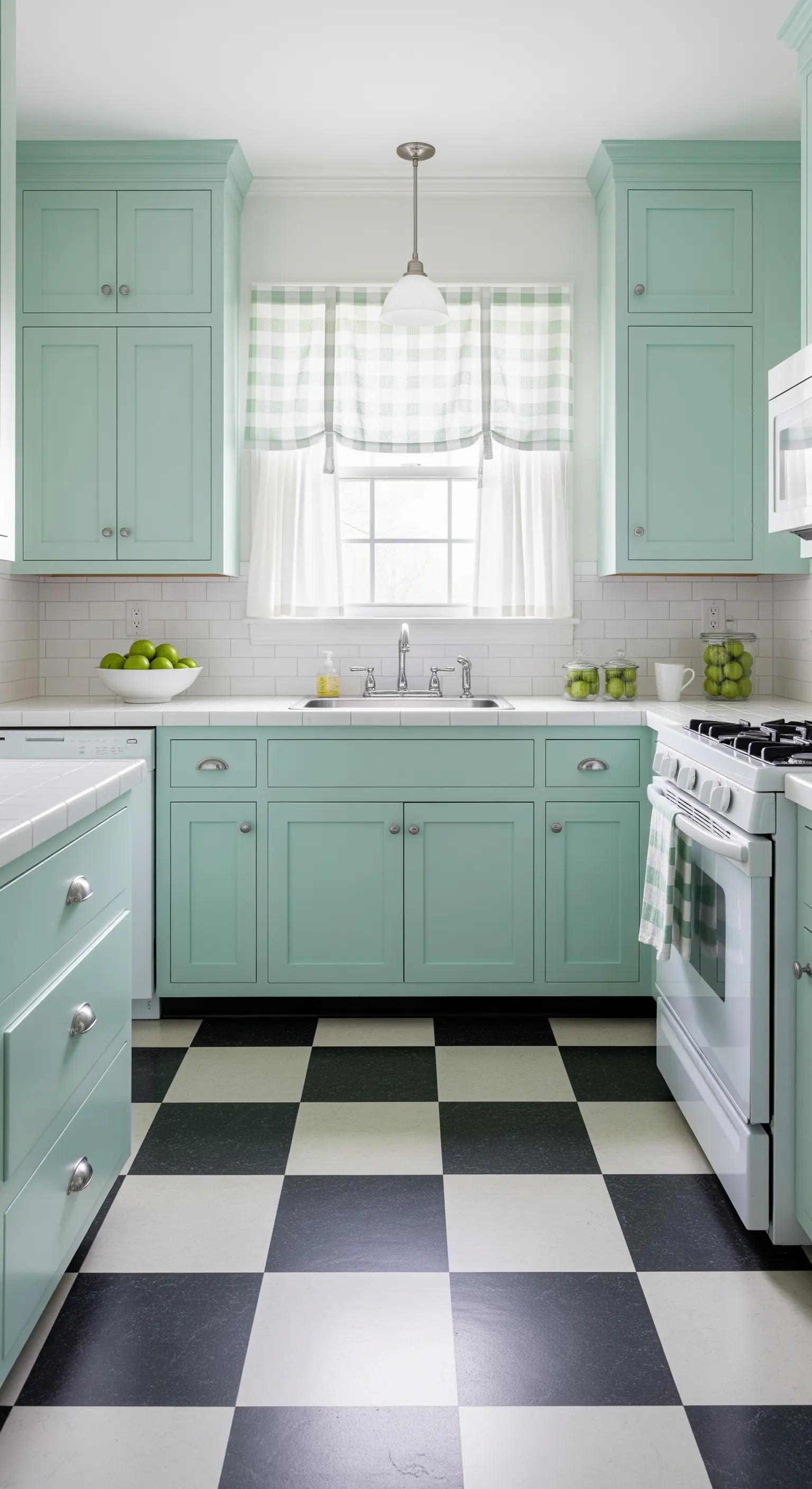 Küche mit mintgrünen Schränken, schwarz-weißem Schachbrettboden und karierten Vorhängen