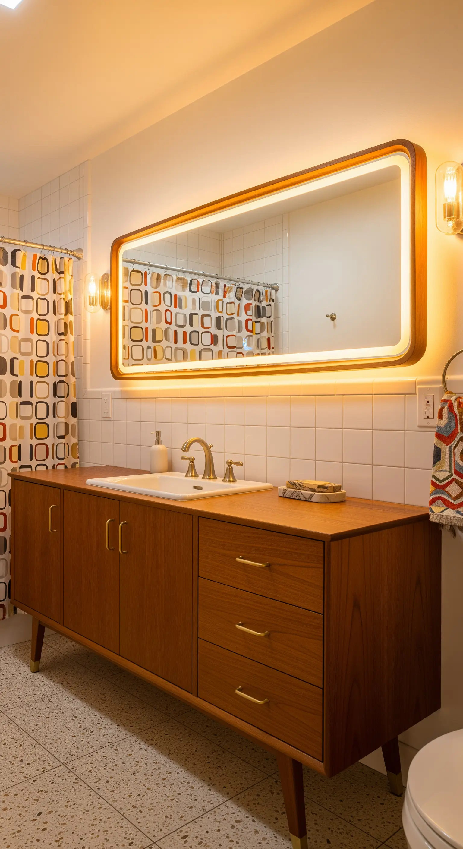 Hinterleuchteter Spiegel im Retro-Stil über einem Mid-Century-Waschtisch aus Holz.