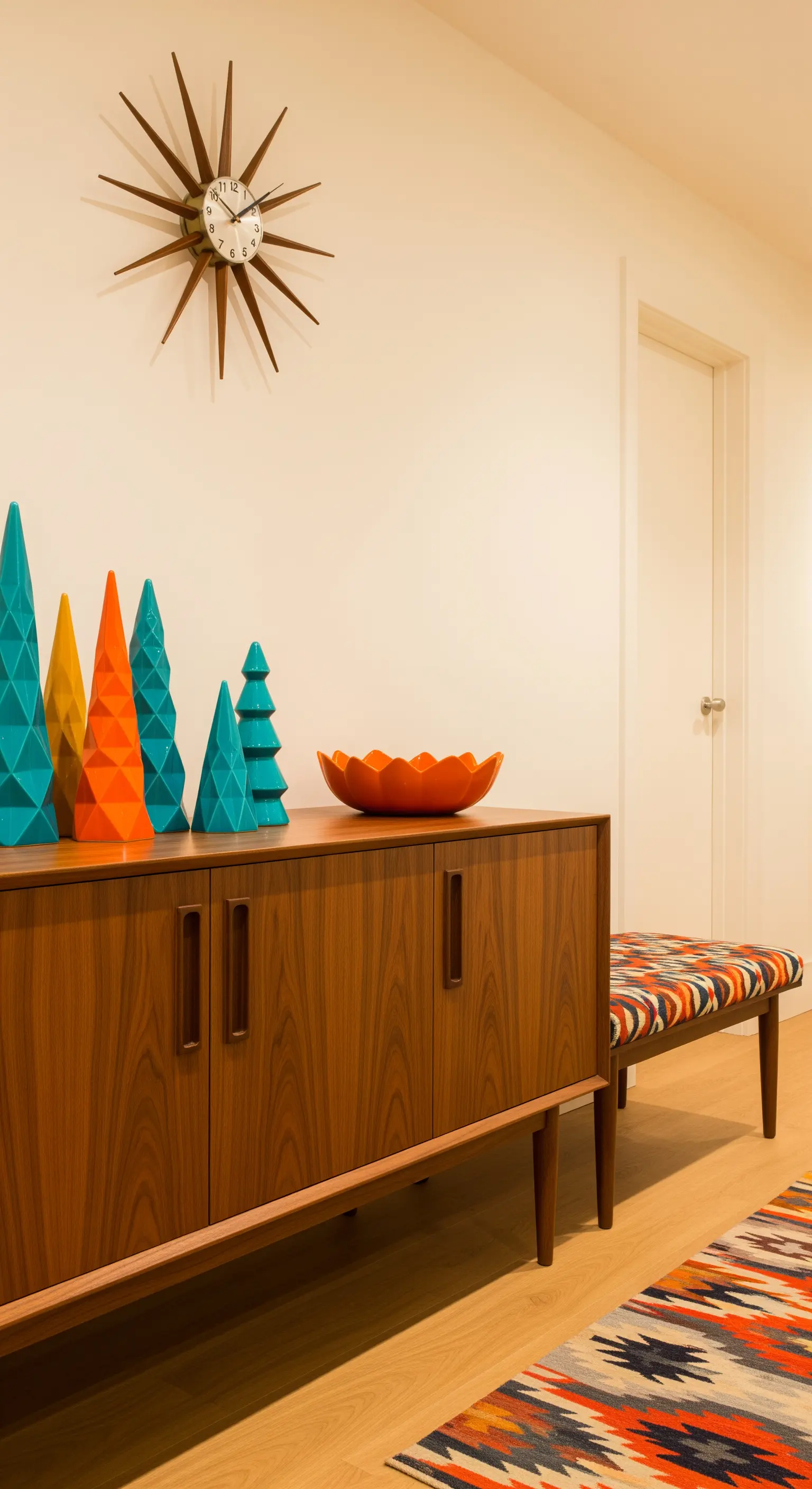 Retro-Flur mit Teakholz-Sideboard, farbigen Deko-Bäumen, Sternuhr und gemusterter Bank